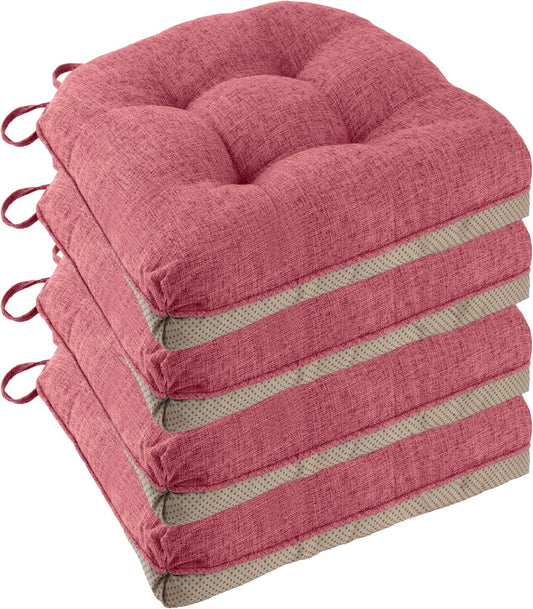 Non Slip Chair Cushions for Dining Chairs Set of 4 Kitchen Chair Cushions 18"x18"x3" Turfted Chair Pads Comfortable and Soft Seat Cushion with Ties (Pink)