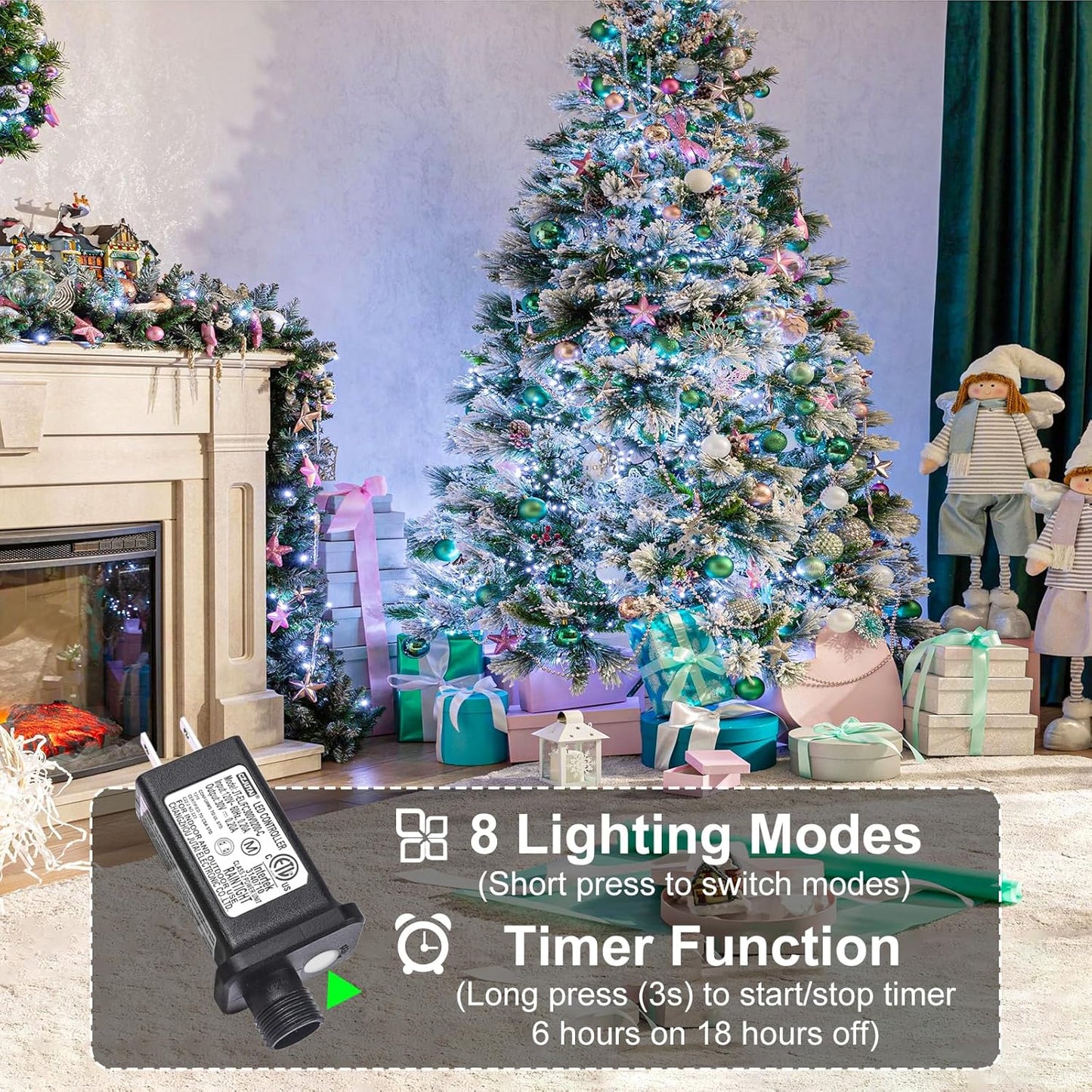 262FT 800 LED Christmas Lights, Plug in Christmas Tree Lights Outdoor with Timer and 8 Modes, Green Wire Waterproof String Light for Indoor House Yard Patio Xmas Decorations, White