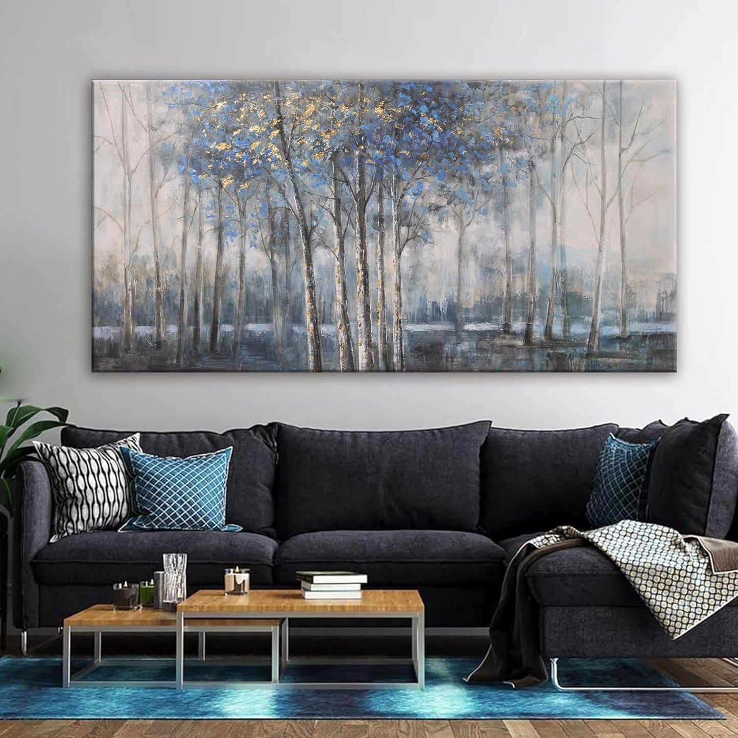 Canvas Wall Art Decor Pictures Wall Decor Prints Modern Wall Art Decor Large Gold Wall Art Blue Grey Misty Botanical Textured Artwork for Walls For Room Living Room Bedroom Office Wall Decor 29"X58"