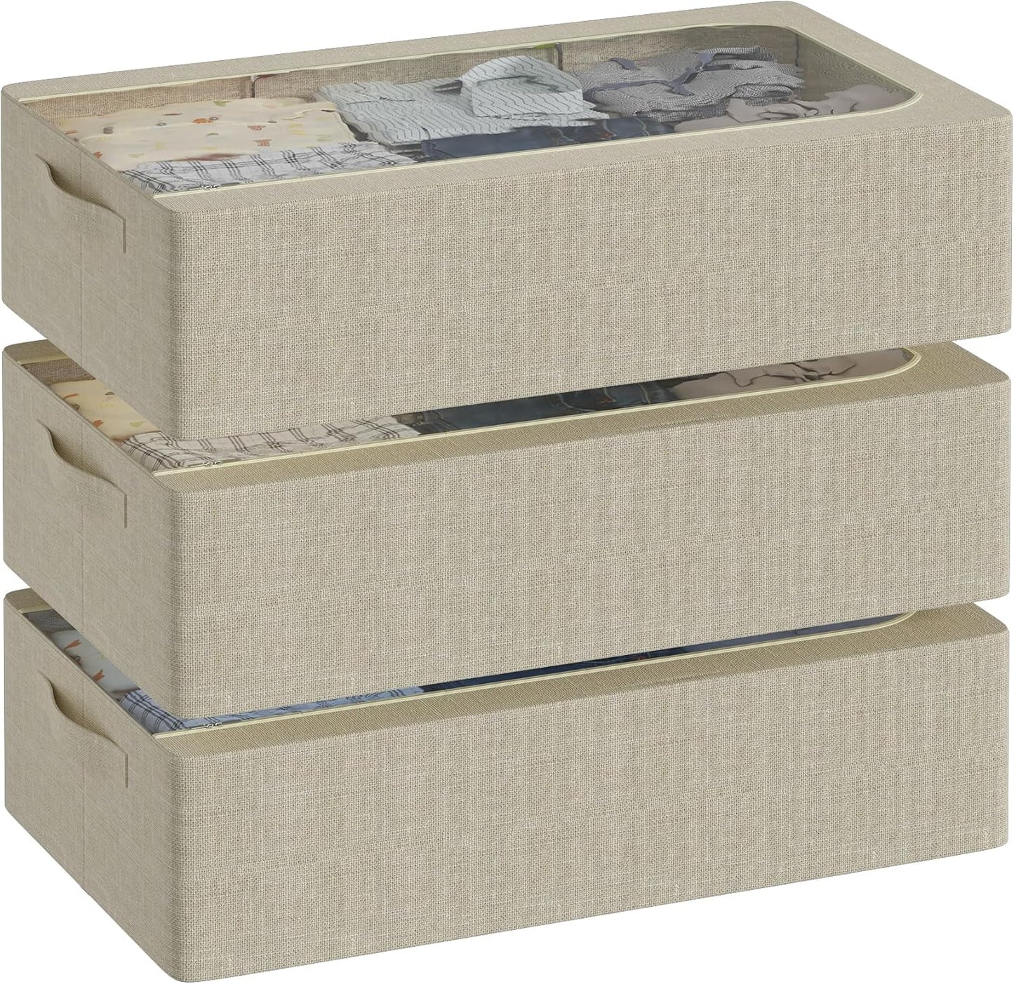 3PCS Under Bed Storage Bins with Metal Frame, Linen Fabric Frame Storage Box Clothes Organizer Bins, Underbed Container with Clear Window (Beige, 15.7 x 13 x 6IN)