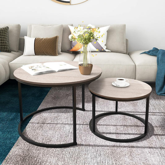 Round Coffee Tables Nesting Side Set of 2 End Tables for Living Room,Round Table with Solid Powder-Coated Metal Frame Natural Wood Color