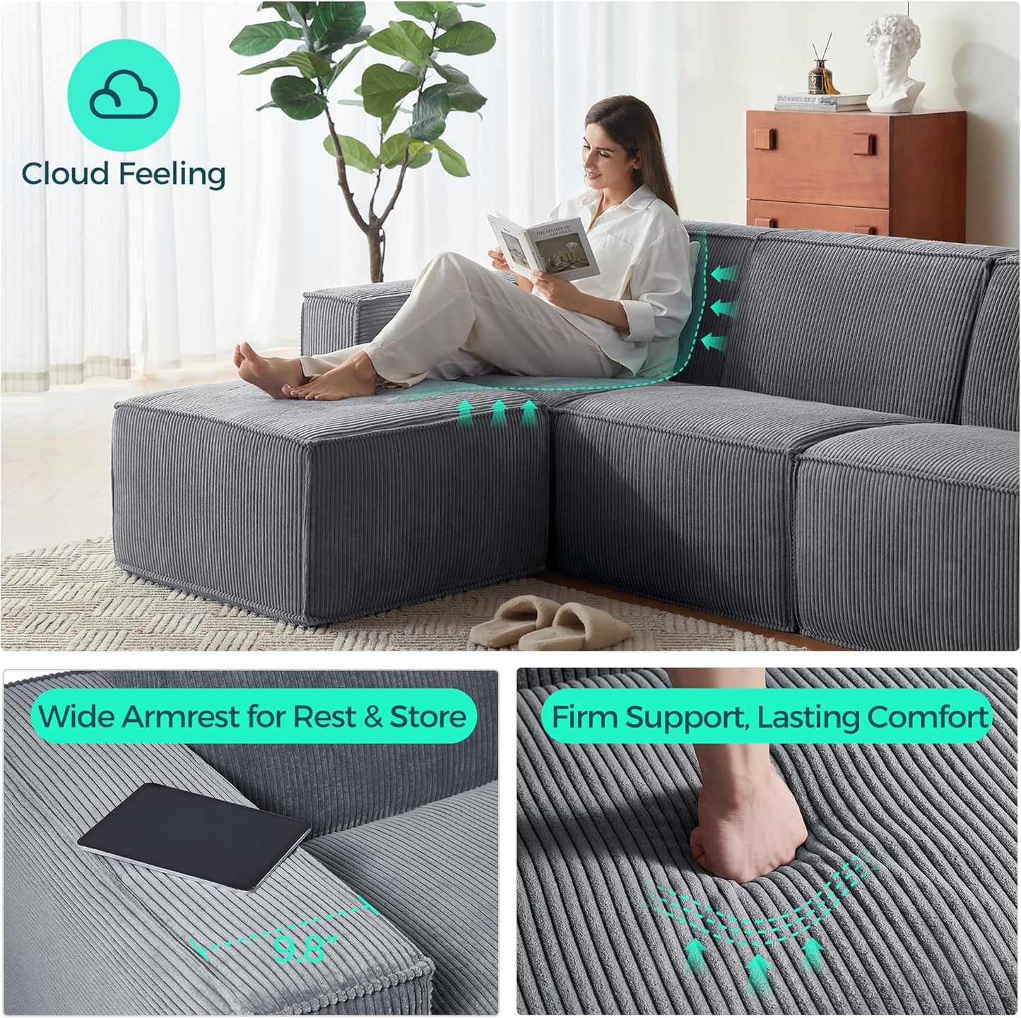 LINSY HOME Modular Sectional Sofa, 134" Boneless Couch L Shaped 4-Seat Sofa with Movable Ottoman, Corduroy Sectional Cloud Couches for Living Room, No Assembly Required, Bluish Grey