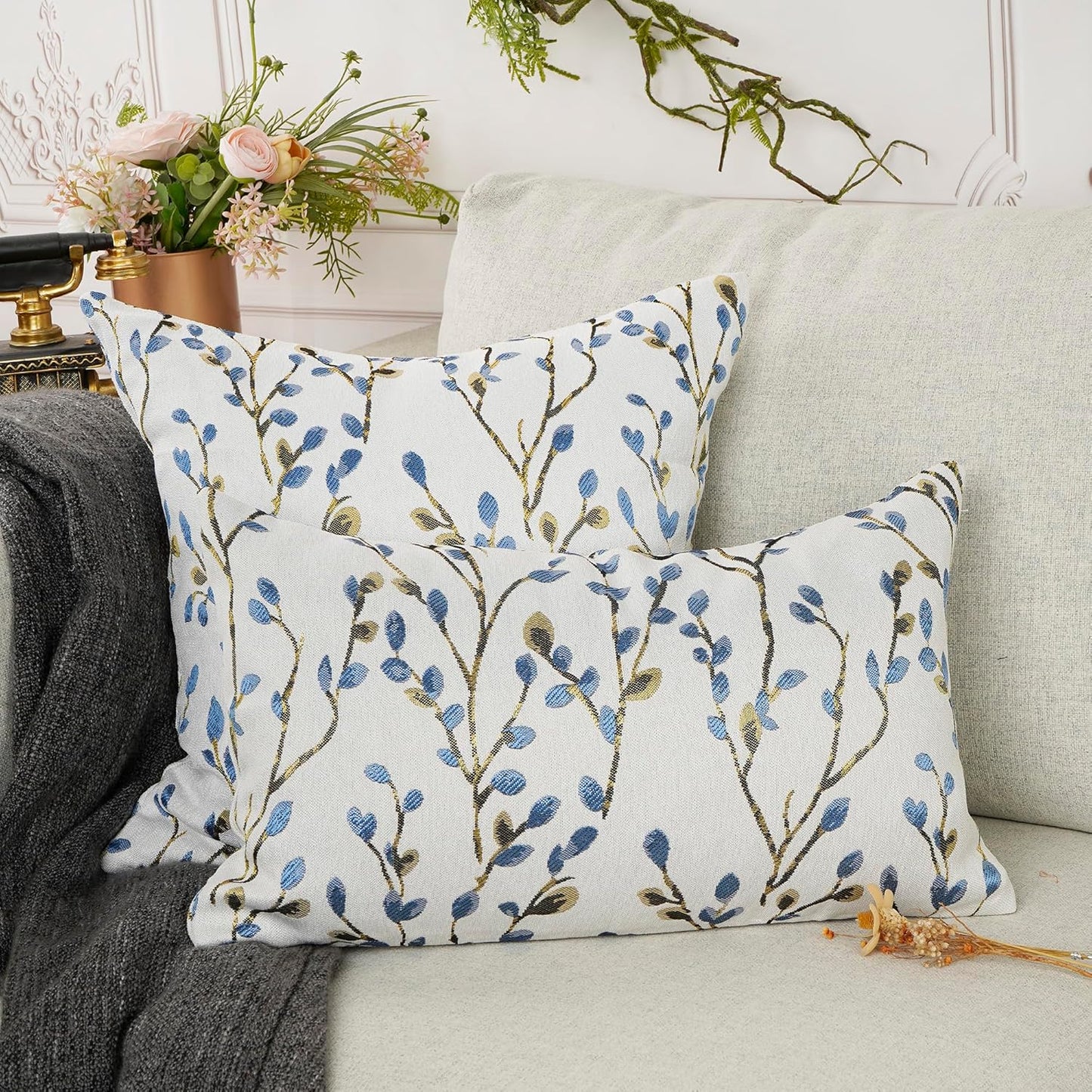 YOUR SMILE Classical Embroidery Jacquard Blue Square Decorative Throw Pillow Case Cushion Cover,12x20 inch