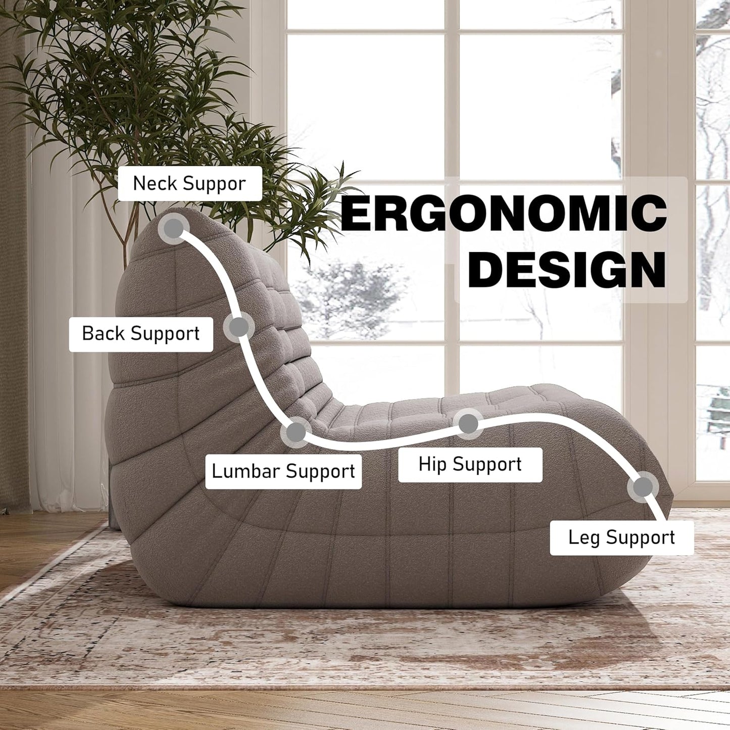 Bean Bag Chair for Adults, Oversized Loveseat Fireside Chair Comfy Lazy Floor Sofa, 2 Seater Lazy Sofa Couch Memory Foam Bean Bag for Living Room, Bedroom Apartment Office (Grey)