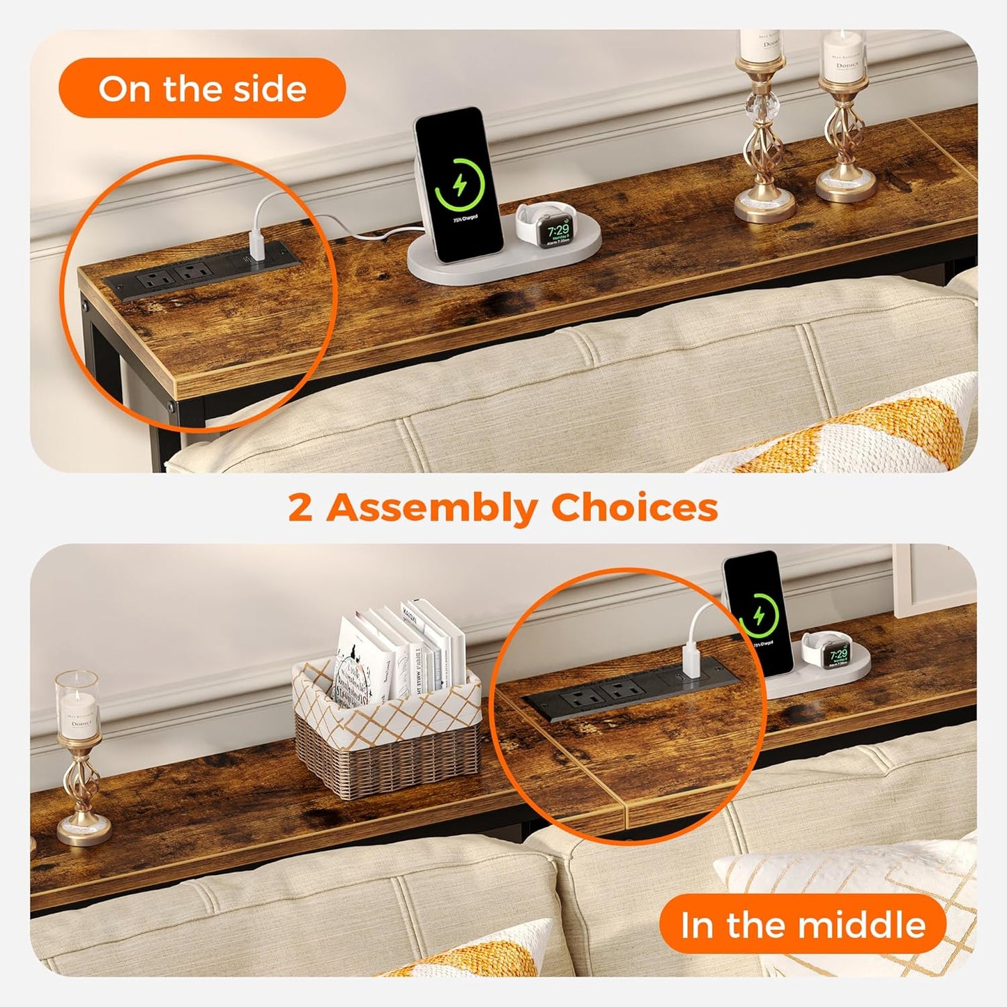 SUPERJARE 78.7 Inch Console Table with Outlet, Sofa Table with Charging Station, Narrow Hallway Entryway Table, Behind Couch Table, for Living Room, Rustic Brown