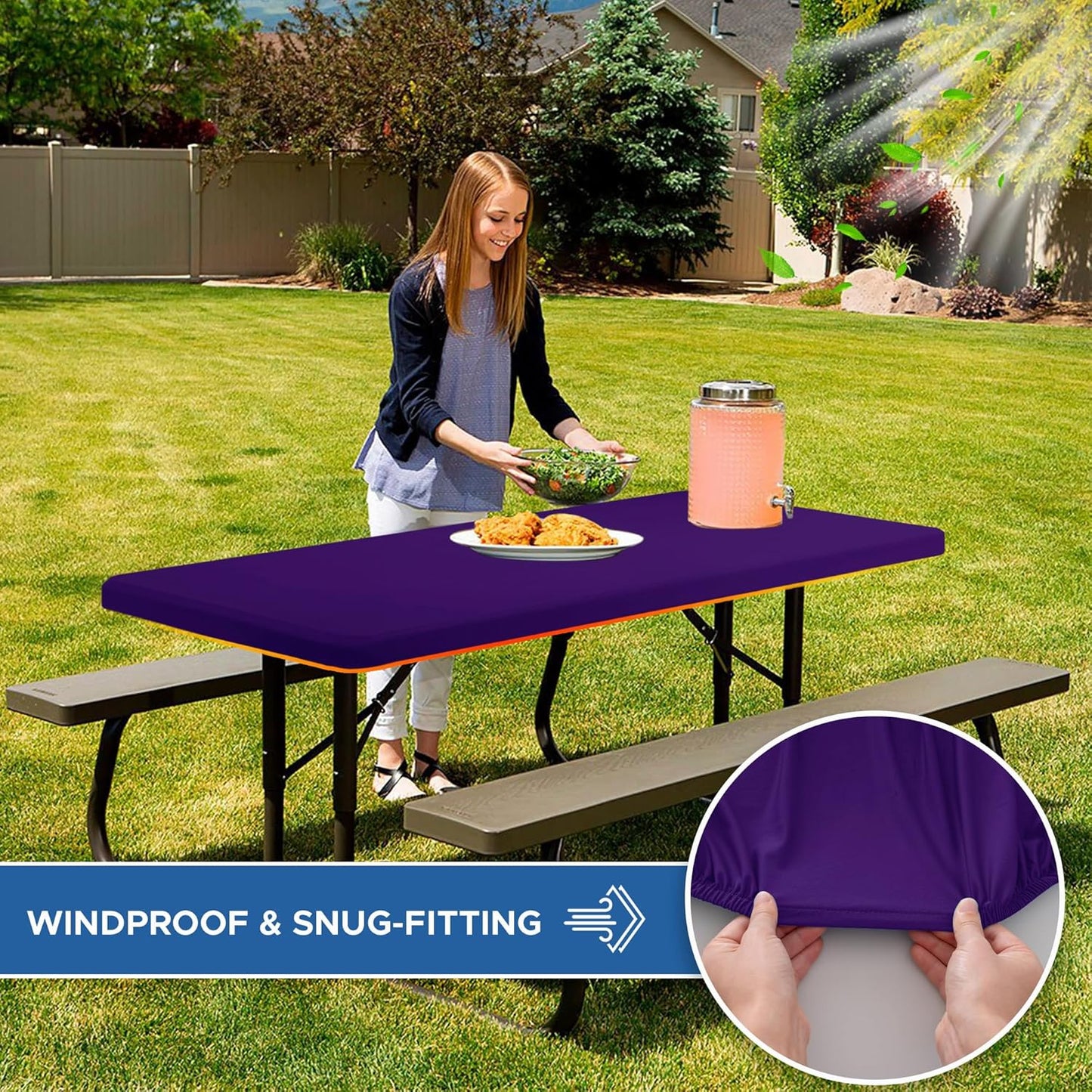 Fitted Tablecloth for 8 foot Rectangle Table-6 Pack Dark Purple Elastic Outdoor Picnic Table Cover-Spandex Stretch Folding Tablecloths 8ft for Camping Dining Room Patio Kitchen Banquet Party