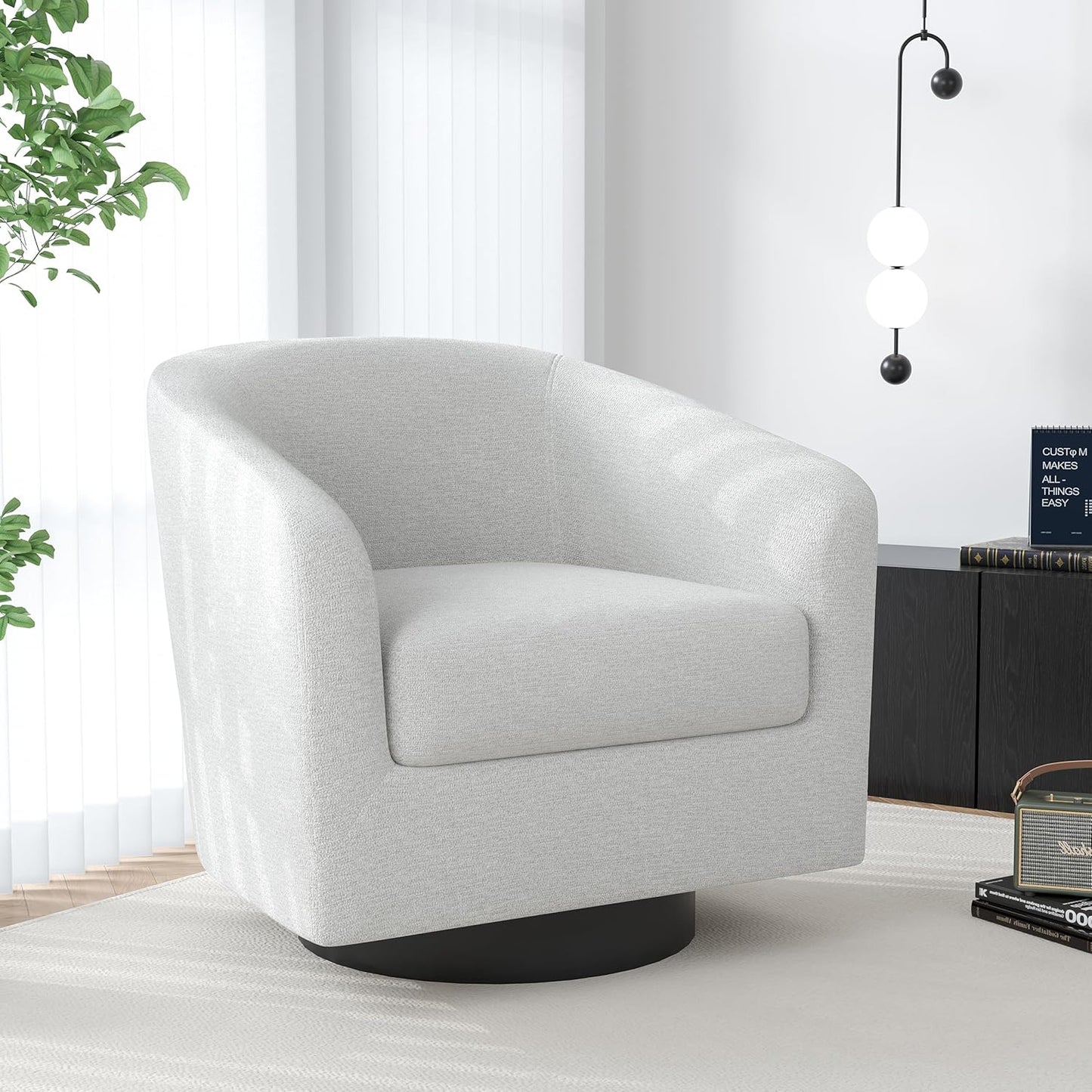 Swivel Barrel Accent Chair, Modern Round Chenille Fabric Arm Chair for Living Room, Bedroom, Comfy Club Reading Chairs for Adults（Chenille Fabric, Beige, Set of 4