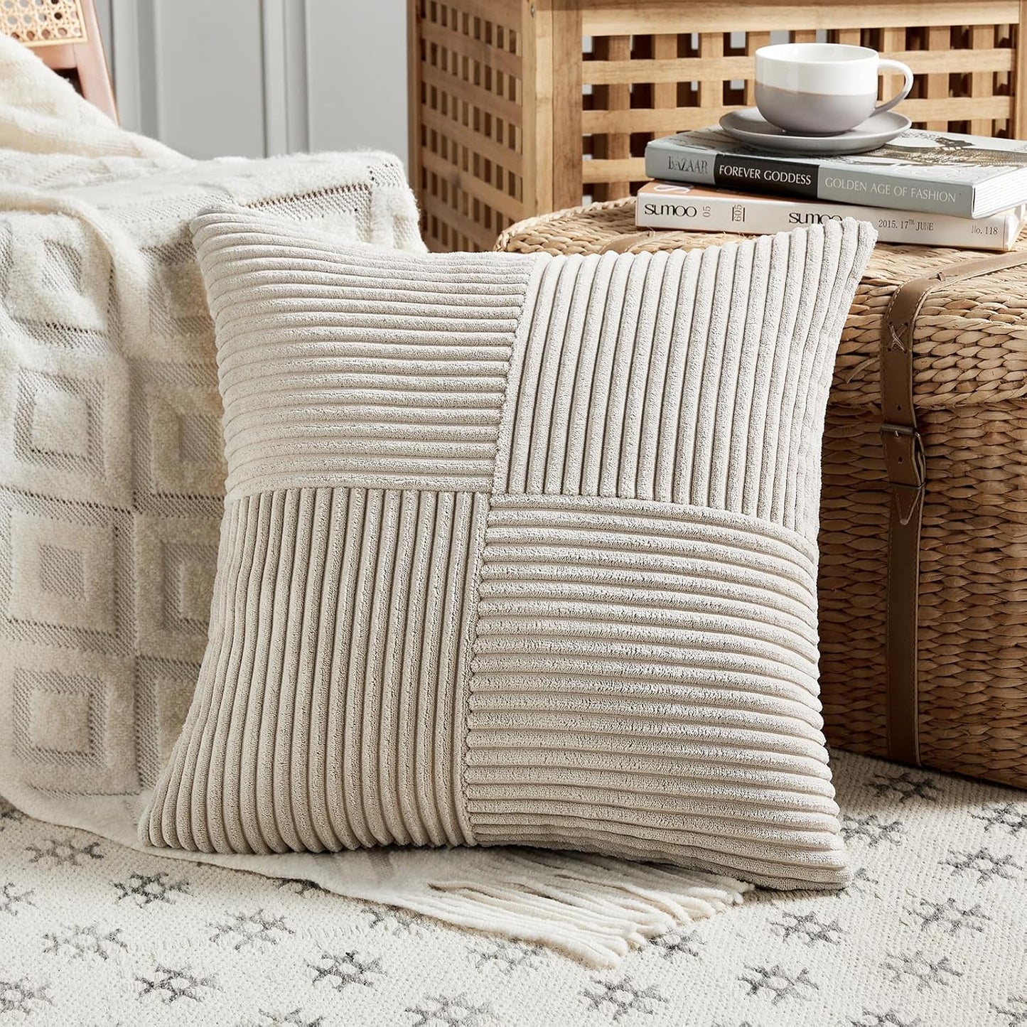 Fancy Homi 2 Packs Neutral Taupe Euro Decorative Throw Pillow Covers 28x28 Inch for Couch Bed Sofa, Rustic Farmhouse Boho Home Decor, Soft Corss Corduroy Patchwork Textured Square Cushion Case 71x71cm