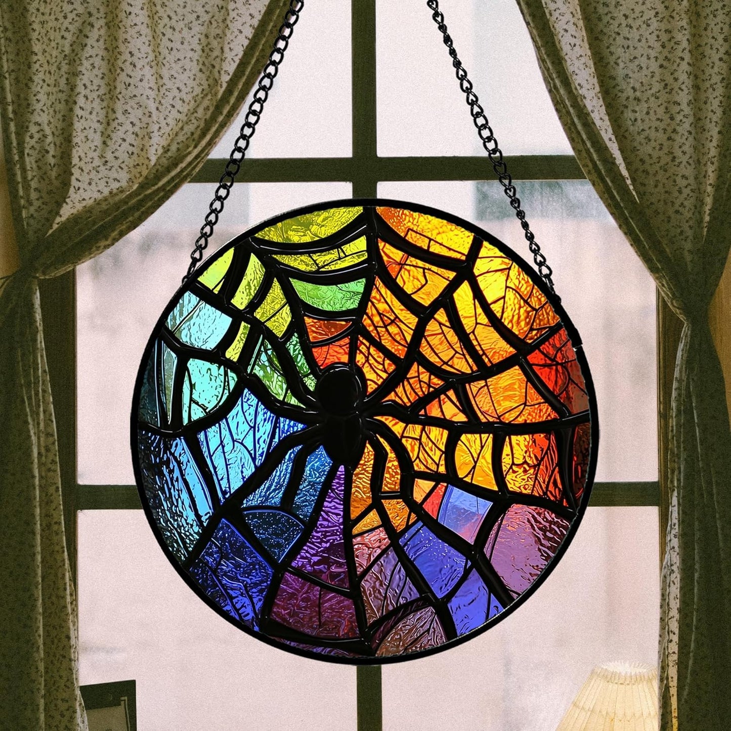 Stained Glass Suncatcher, Colorful Spider Sun Catcher Black Insect Stain Glass Window Hanging Decoration Mother's Day Birthday Gifts for Women Men Mom Nana 7.8 in