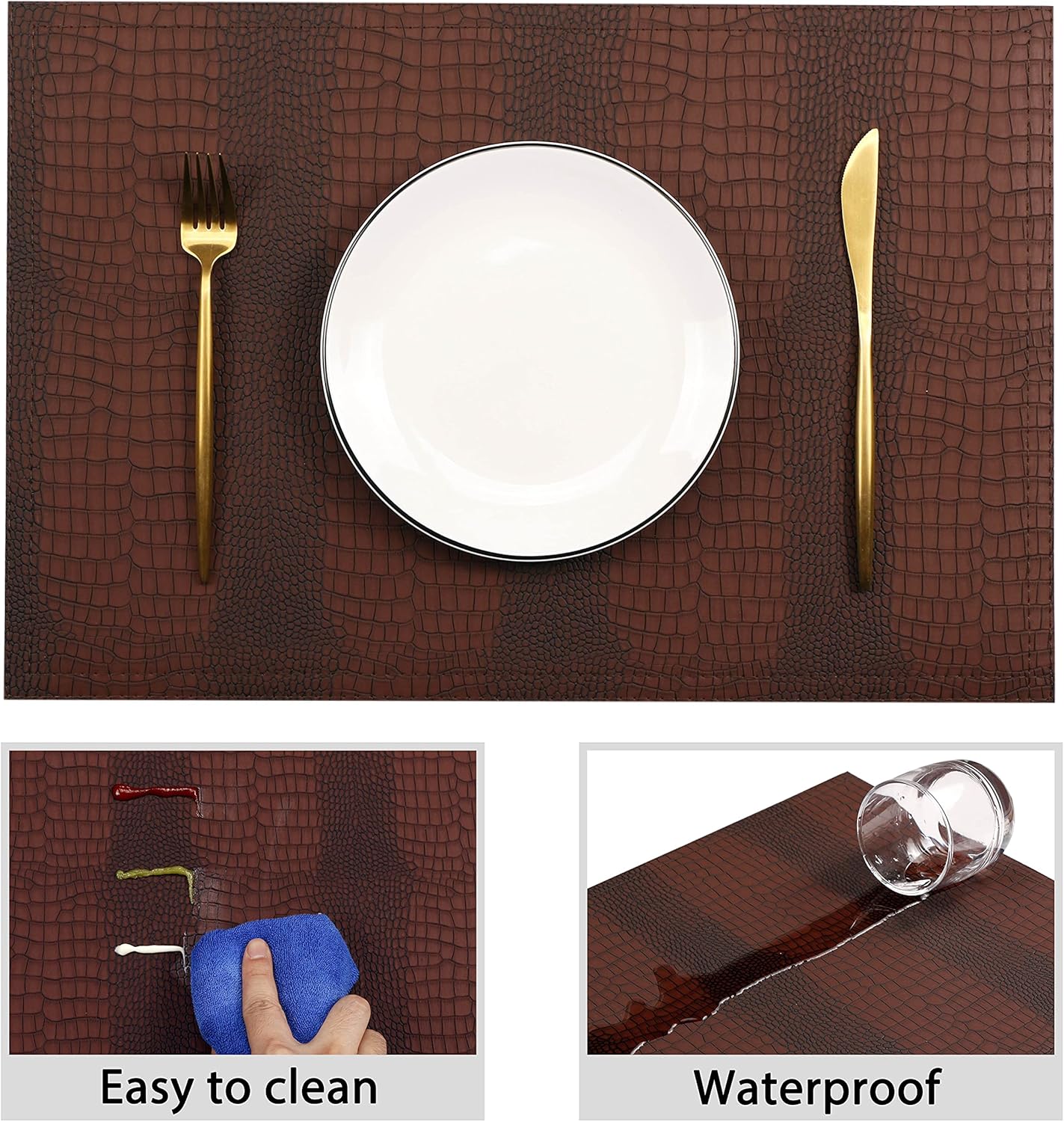 Faux Leather Placemats, PU Table Mats, Waterproof, Stain Resistant, Heat Resistant, Non-Slip Easy to Clean for Kitchen Dining Table, Conference Table, Brown