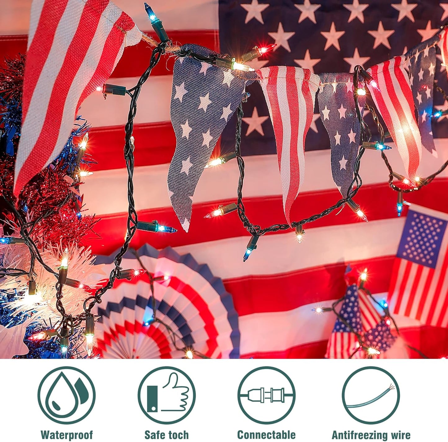 Hopolon Red White and Blue Mini Lights,2PACK 50Count 4th of July Patriotic String Lights Green Wire,13FT Incandescent Independence Day Light for Indoor Outdoor Christmas Party Decor,Red White Blue