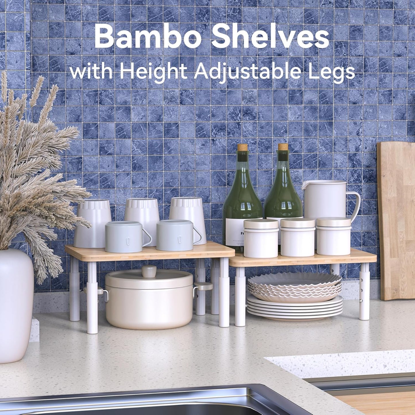 Cabinet Organizer Shelf, Spice Rack Set of 2 Kitchen Pantry Cupboard Shelves, Stackable, Height Adjustable, Natural Bamboo (11.7" W)