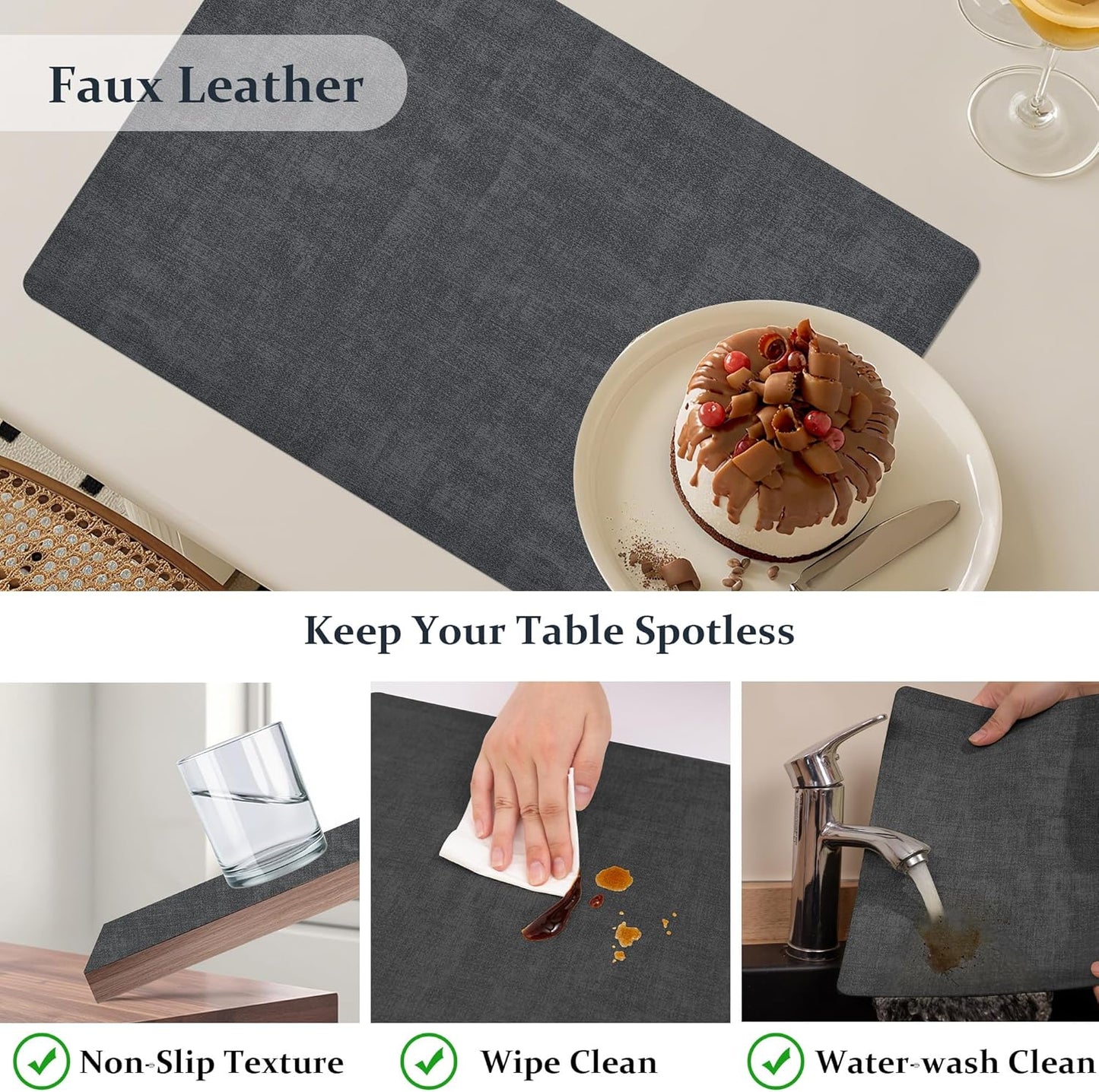FROMHEART Faux Leather Placemats Set of 12–Waterproof,Heat/Oil Stain-Resistant PU Table Mat–Reversible,Non-Slip,Easy to Clean Place Mats for Kitchen,Dining,Indoor/Outdoor,(Dark Grey,11.8" x 17")