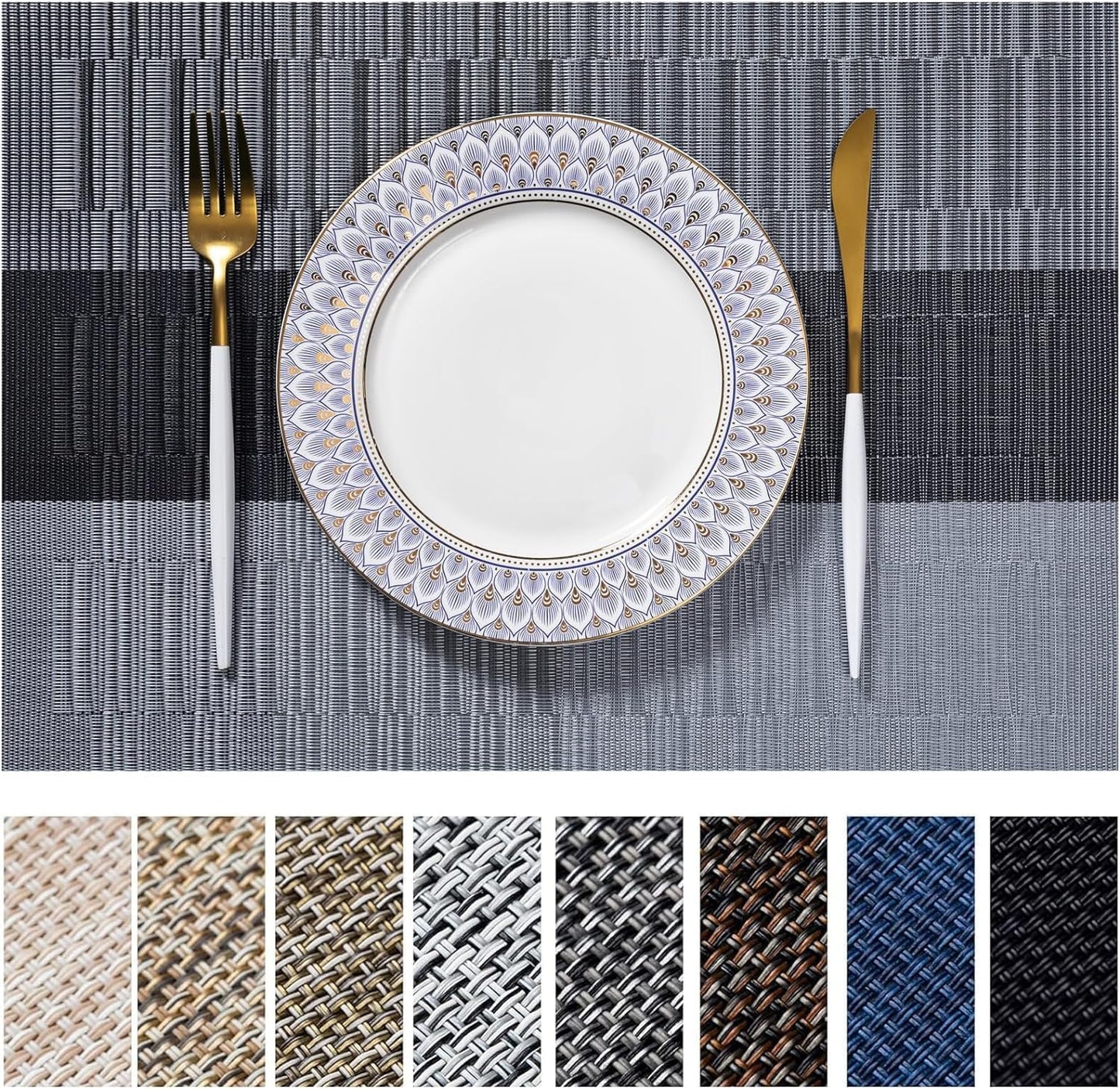 LEXMORE Placemats Set of 12 Vinyl/Plastic Woven Place Mats for Kitchen Table Indoor/Outdoor Washable Placemat Wipeable Dining Table Mats(E-Silver Gray Black)
