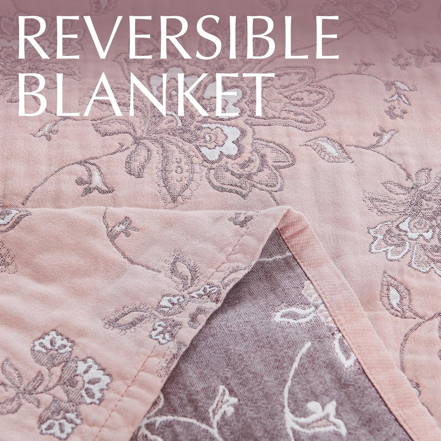 jinchan Boho 100% Cotton Muslin Twin Size 50x60 Inches Blanket Lightweight 4-Layer Quilted Soft Pink Red Floral Throw Blanket Reversible Comfy Flower Breathable All Seasons Couch Bedroom Decor