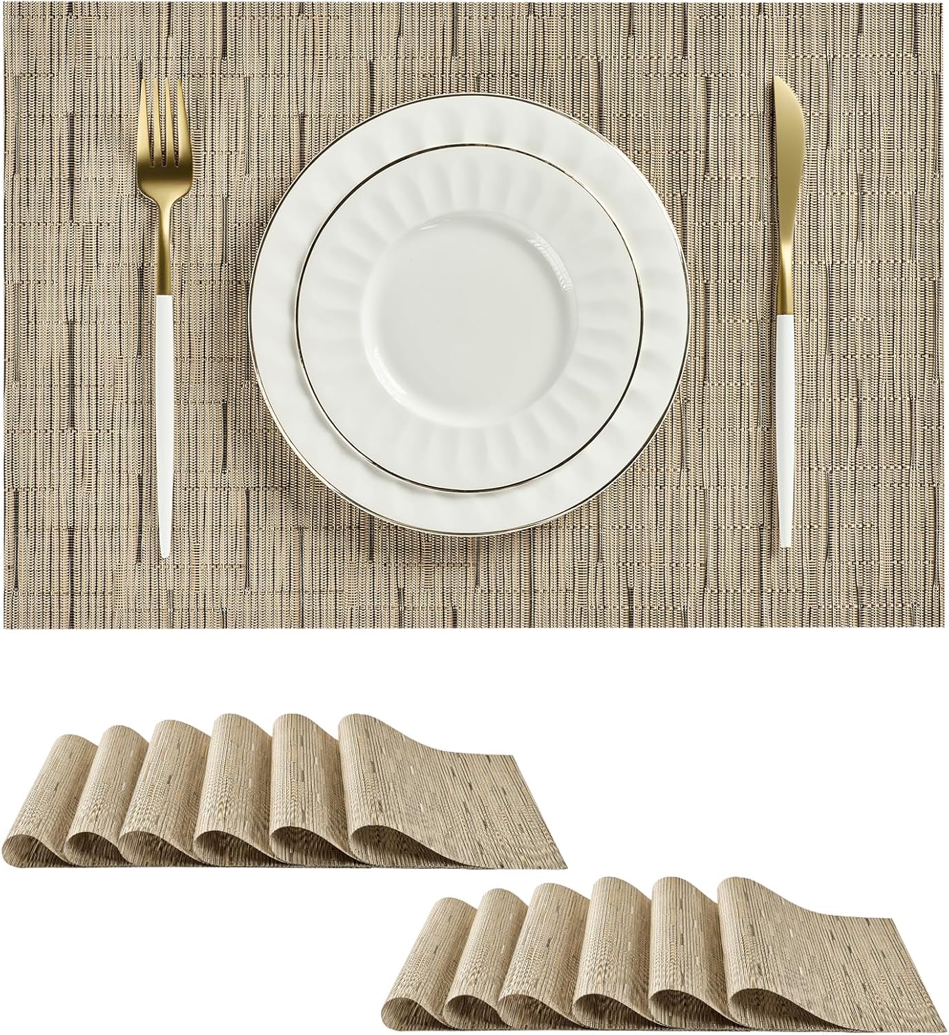 Leetaltree Light Brown Placemats Set of 12 - Heat Resistant Non-Slip Place mats for Dining Table, Washable Durable PVC Vinyl Woven Table Mats（Light Brown, 12）
