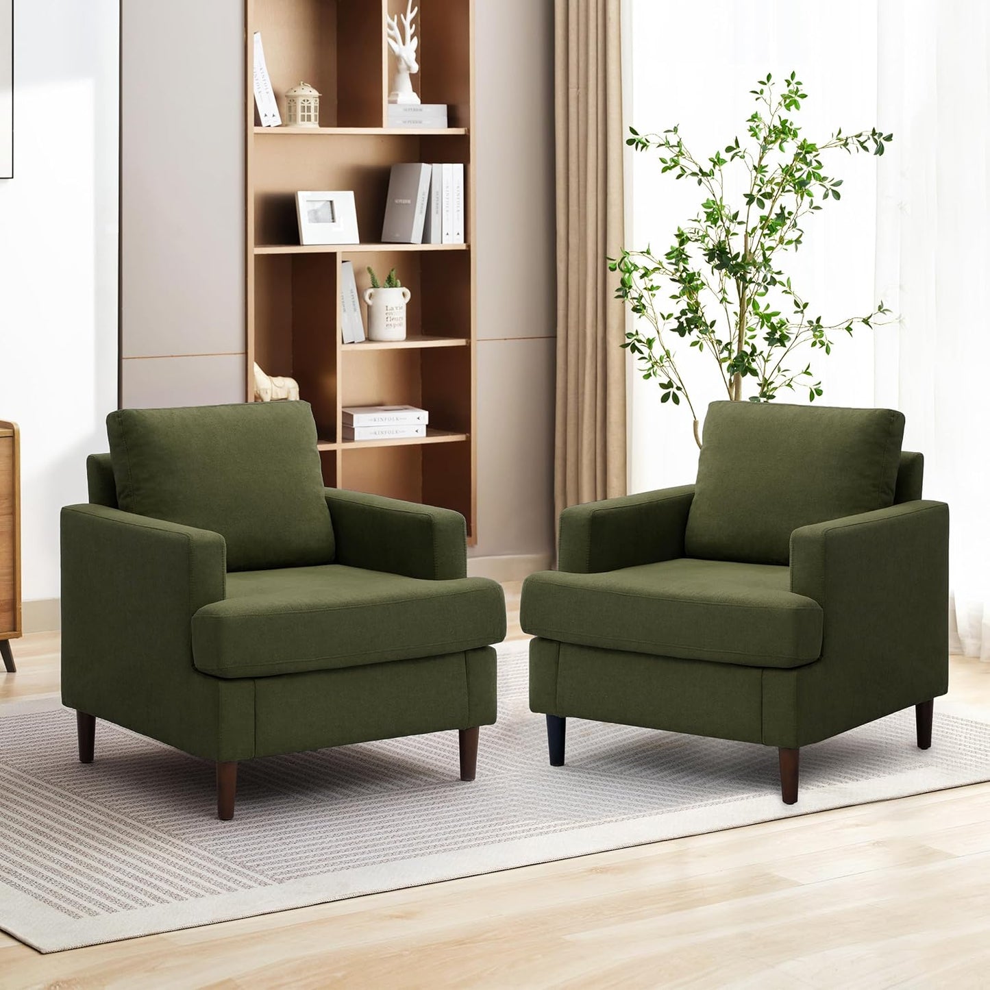 Mid-Century Accent Chair,Modern Linen Fabric Armchair for Living Room,Comfy Upholstered Reading Accent Chairs for Bedroom,Single Sofa Chair with Wood Legs (Green, 2 Pack)