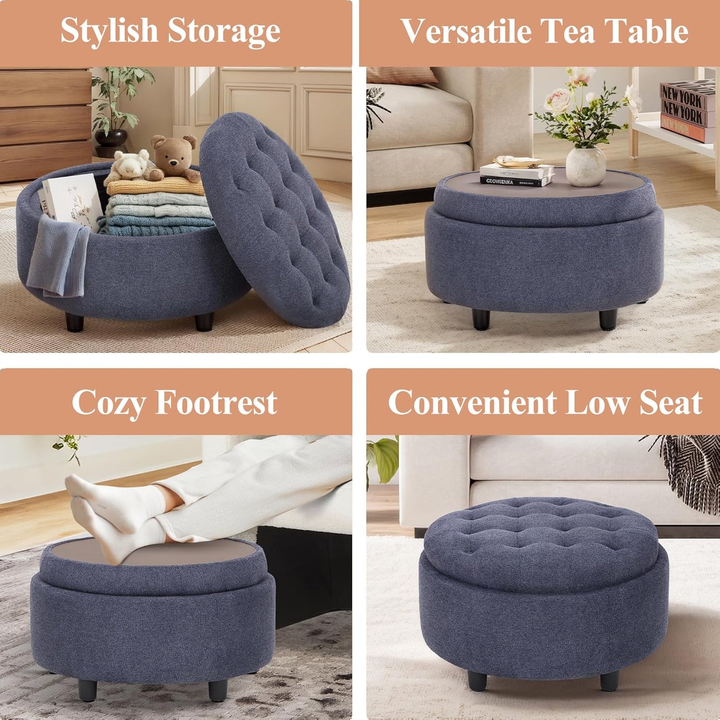 COLAMY Fabric Round Storage Ottoman with Reversible Tray Lid – Multi-Functional Footrest, Hidden Storage, Sturdy & Stylish Small Coffee Table for Living Room, Bedroom, or Entryway(Blue)
