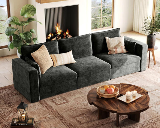 124.8'' Oversized Modular Sofa Comfy Cloud Couch with Storage, Extra Wide Sectional Sofa for Living Room, Covers Washable, 3-Seater, Chenille, Black