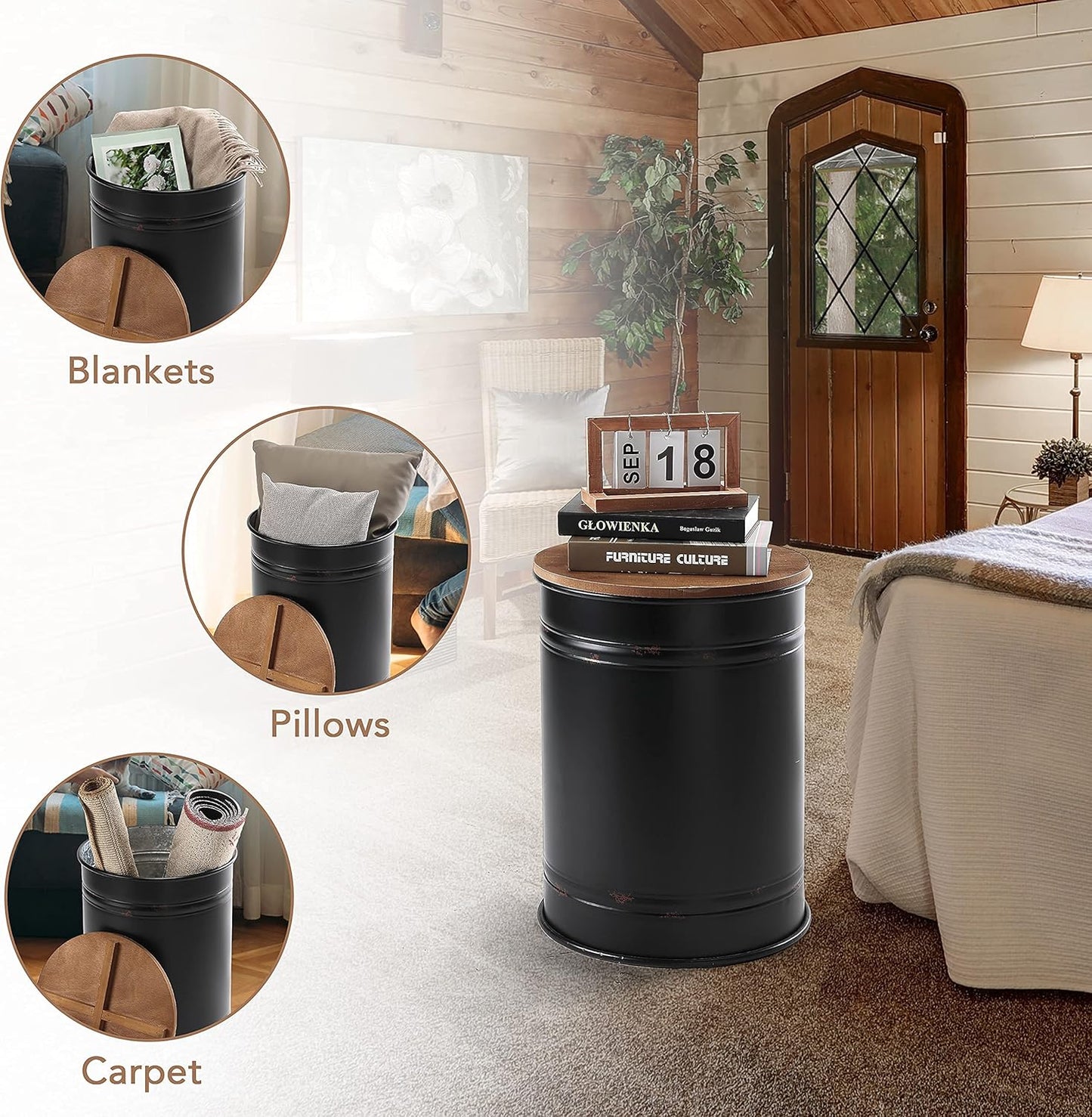 Rustic Storage Ottoman Seat Stool, Farmhouse Accent Side Table, Antique Galvanized Metal End Table Box Bin with Round Wooden Lid Set of 2 (Black)