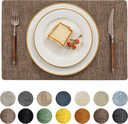 Romanstile Vinyl Placemats Set of 8-12 X 18 Inch - Heat Resistant Place Mats 100% Waterproof Oilproof Wipeable Reversible Faux Leather Table Mats for Kitchen/Dining/Party/Outdoor, Brown