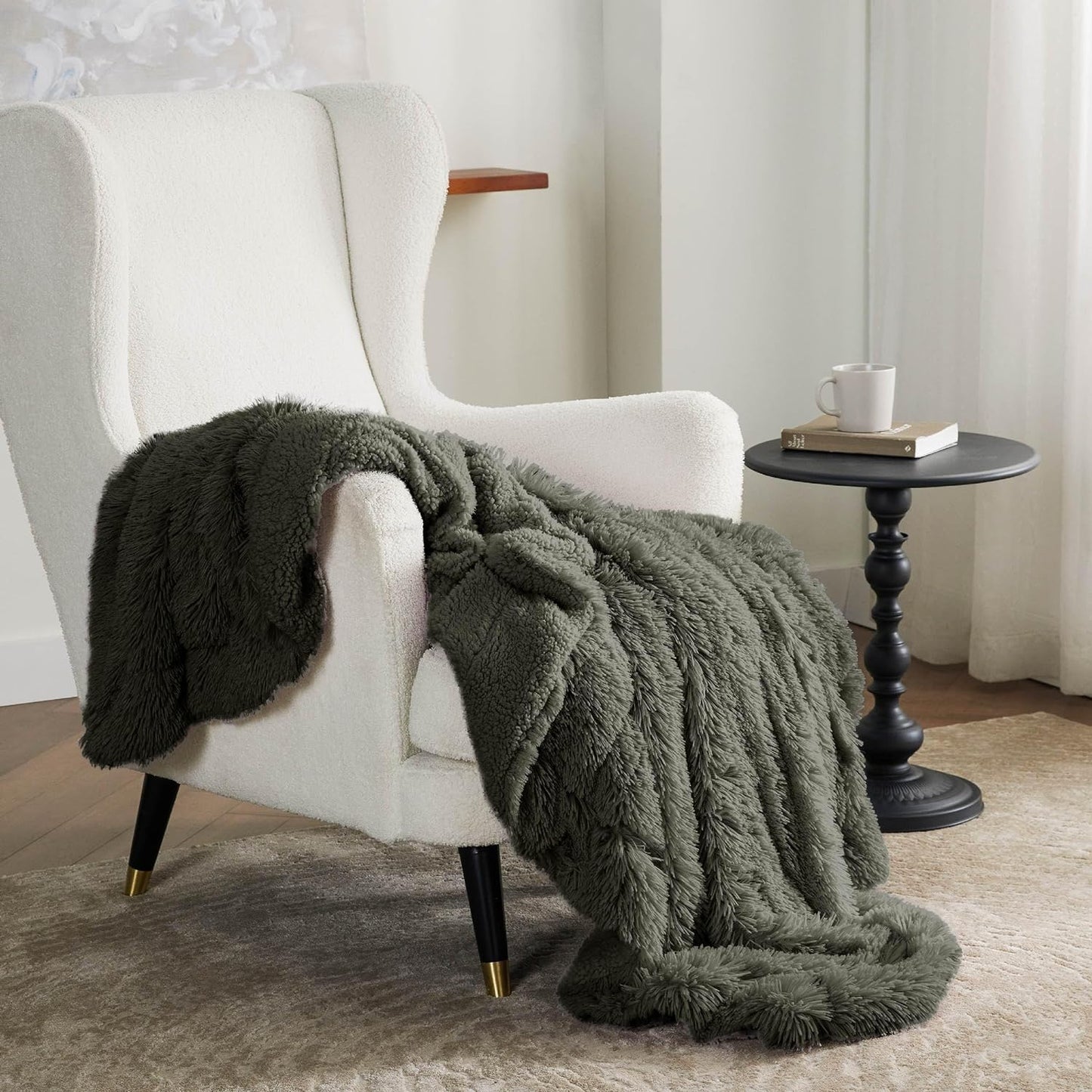 Bedsure GentleSoft Fluffy Olive Green Throw Blanket, Moss Green Decor Cozy Gifts for Women, Men, Soft Fleece Fuzzy Sherpa Plush Warm Thick Faux Fur Throw Blanket for Couch, House, 50x60