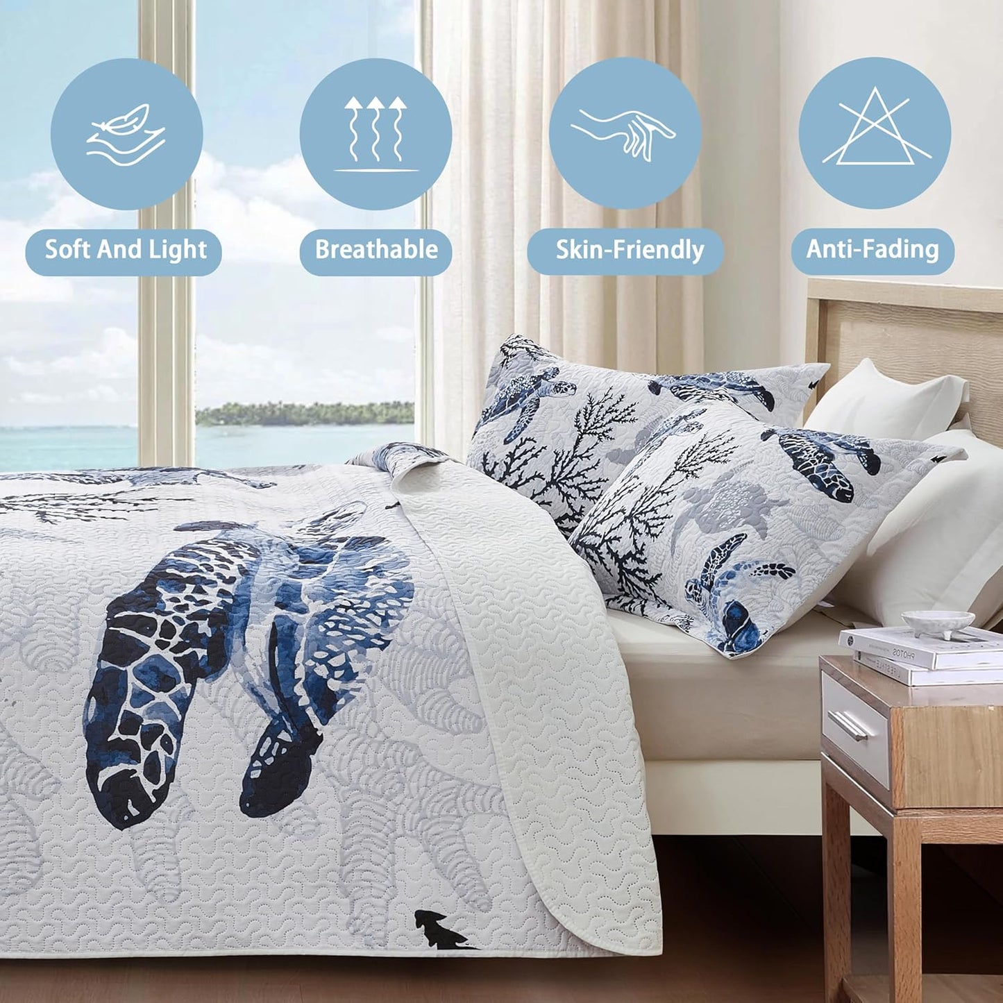 Coastal Bedding California King Size Coastal Quilt with 2 Shams, Nautical Beach Comforter Sets Ocean Bedspreads Blue Seaturtle Coverlet Summer Bedding, 106''x118''