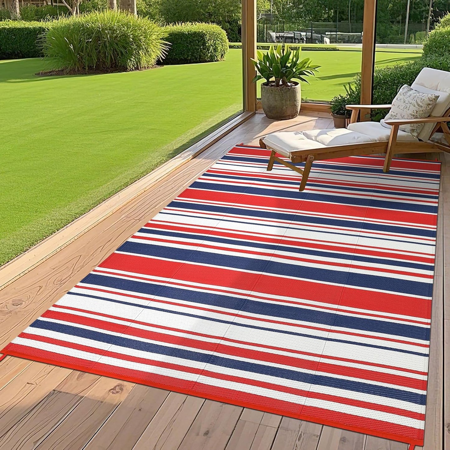 Outdoor Plastic Straw Rug 9x18 Waterproof Outside Rug, Large Modern Striped Reversible Floor Mats, Foldable & Lightweight Camping Carpet for Patio, Porch, Deck, Backyard, Balcony, Red Blue White