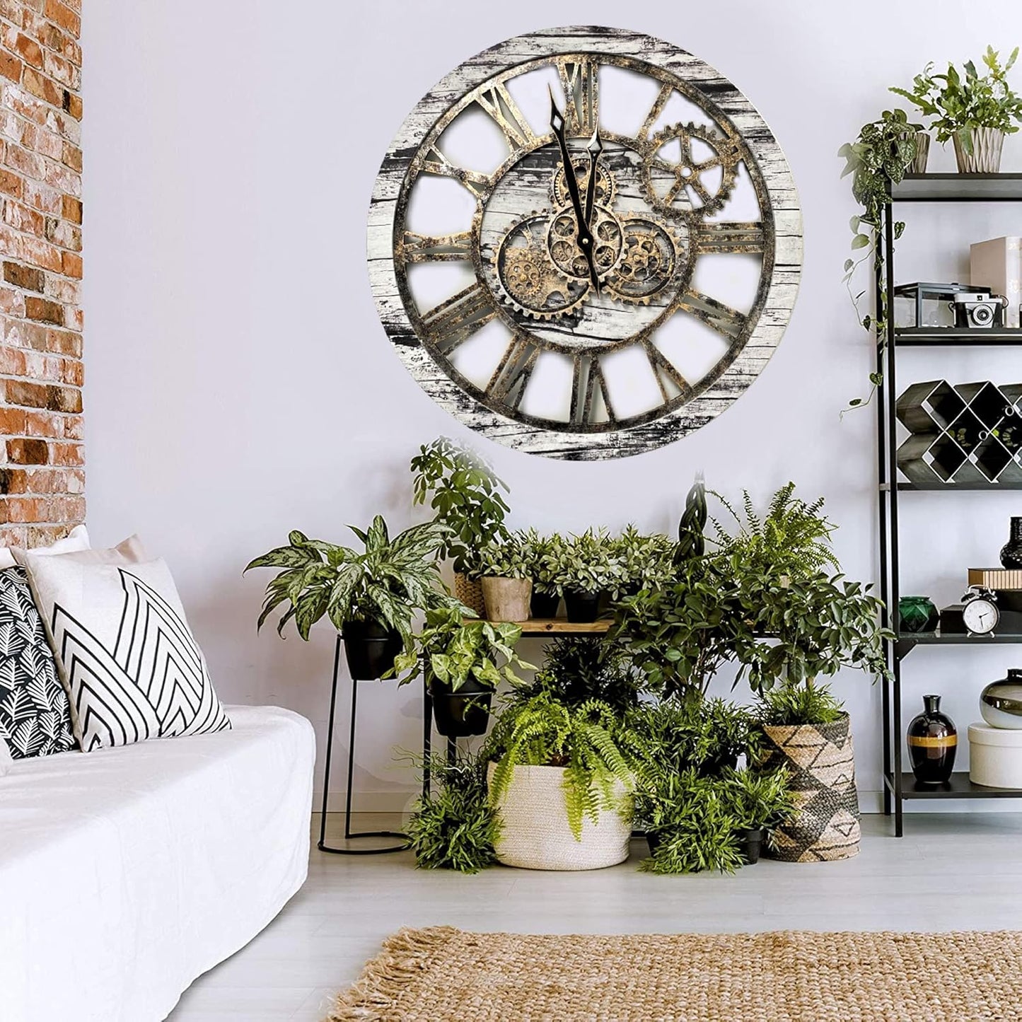 The Gears Clock The Original Real Moving Gear Wall Clock Vintage Industrial Oversized Rustic Farmhouse (24 inch (60cm), Vintage Grey and White)