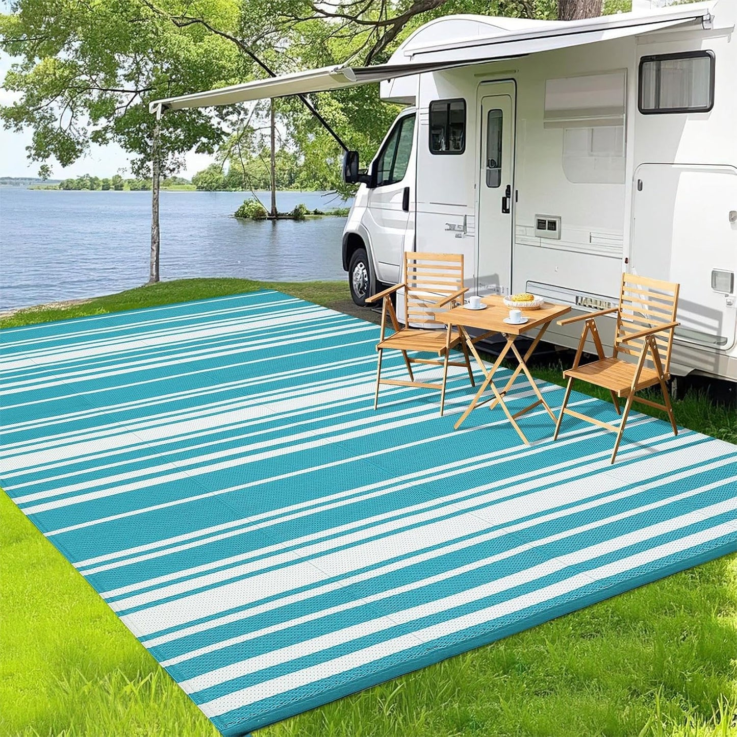 Outdoor Plastic Straw Rug 9x18 Waterproof Outside Rug, Large Modern Striped Reversible Floor Mats, Foldable & Lightweight Camping Carpet for Patio, Porch, Deck, Backyard, Balcony, Light Blue