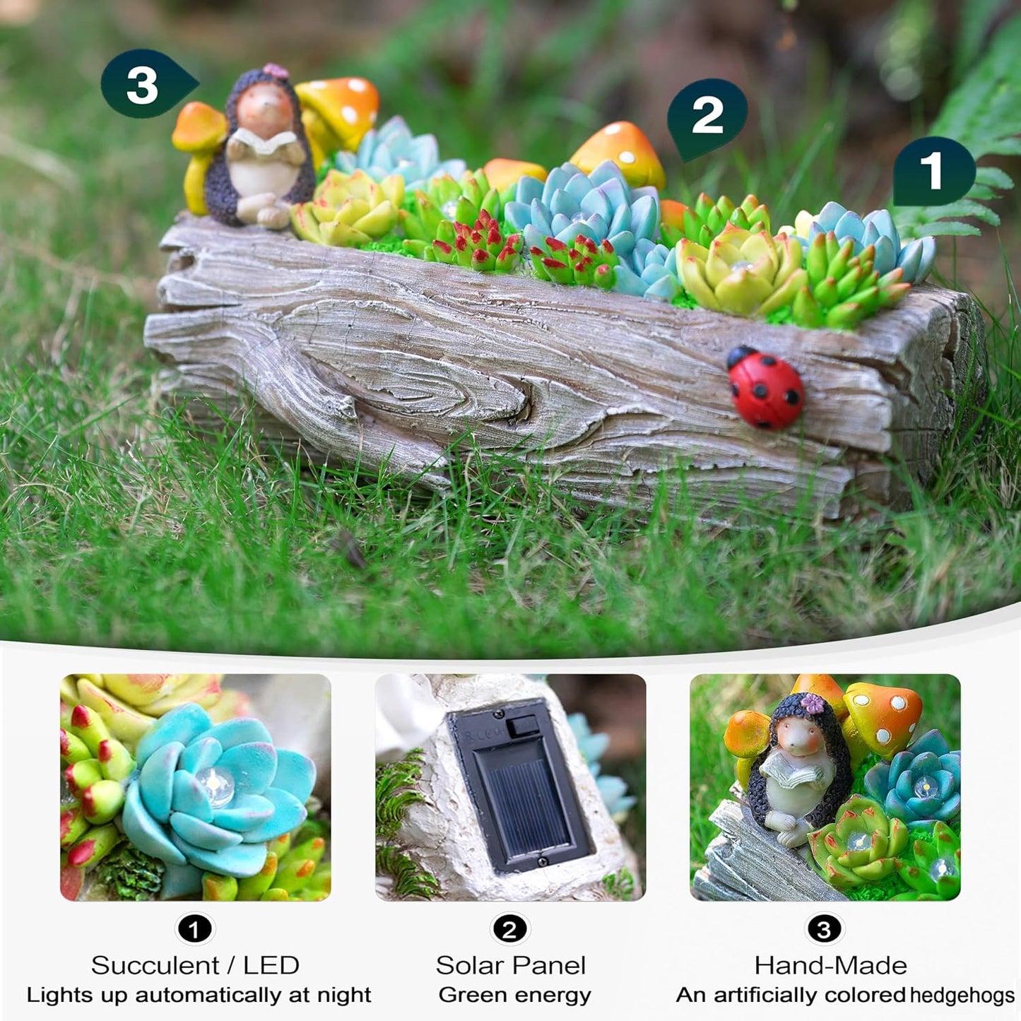 Garden Solar Figurine Light - Stump Succulent Solar Light Outdoor, Solar Powered Lighting Outside Decorations Yard Art Lawn Ornaments for Porch Patio Balcony - Succulent Gifts for Women Mom