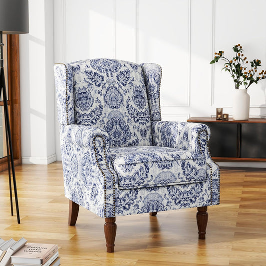 UIXE Floral Accent Chair, High Back Pattern Arm Chair for Living Room, Traditional Fabric Armchair Comfy Upholstered Sofa Reading Seat with Nailhead Trim & Retro Wood Legs - Navy