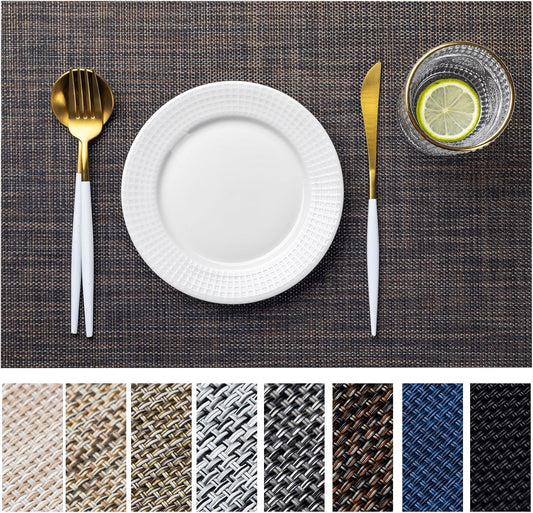 LEXMORE Placemats Set of 4 Vinyl/Plastic Woven Place Mats for Kitchen Table Indoor/Outdoor Washable Placemat Wipeable Dining Table Mats(Black/Brown)