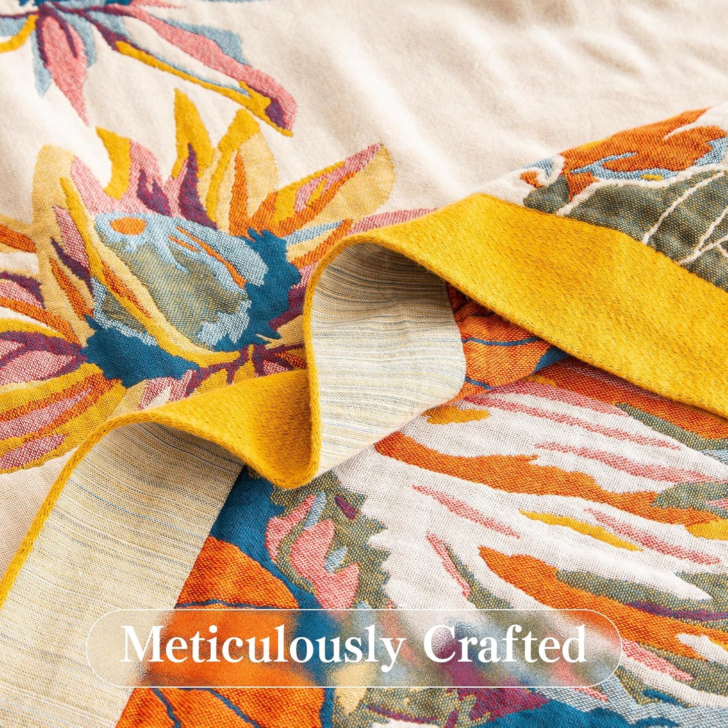 Boho Throw Blanket Queen Size, Oversized Soft Cozy Cotton Muslin Quilt Blanket for Bed Decor, Floral Patterned Couch Sofa Chair Cover, Vintage Farmhouse Cottage Woven Blanket, Yellow&Blue