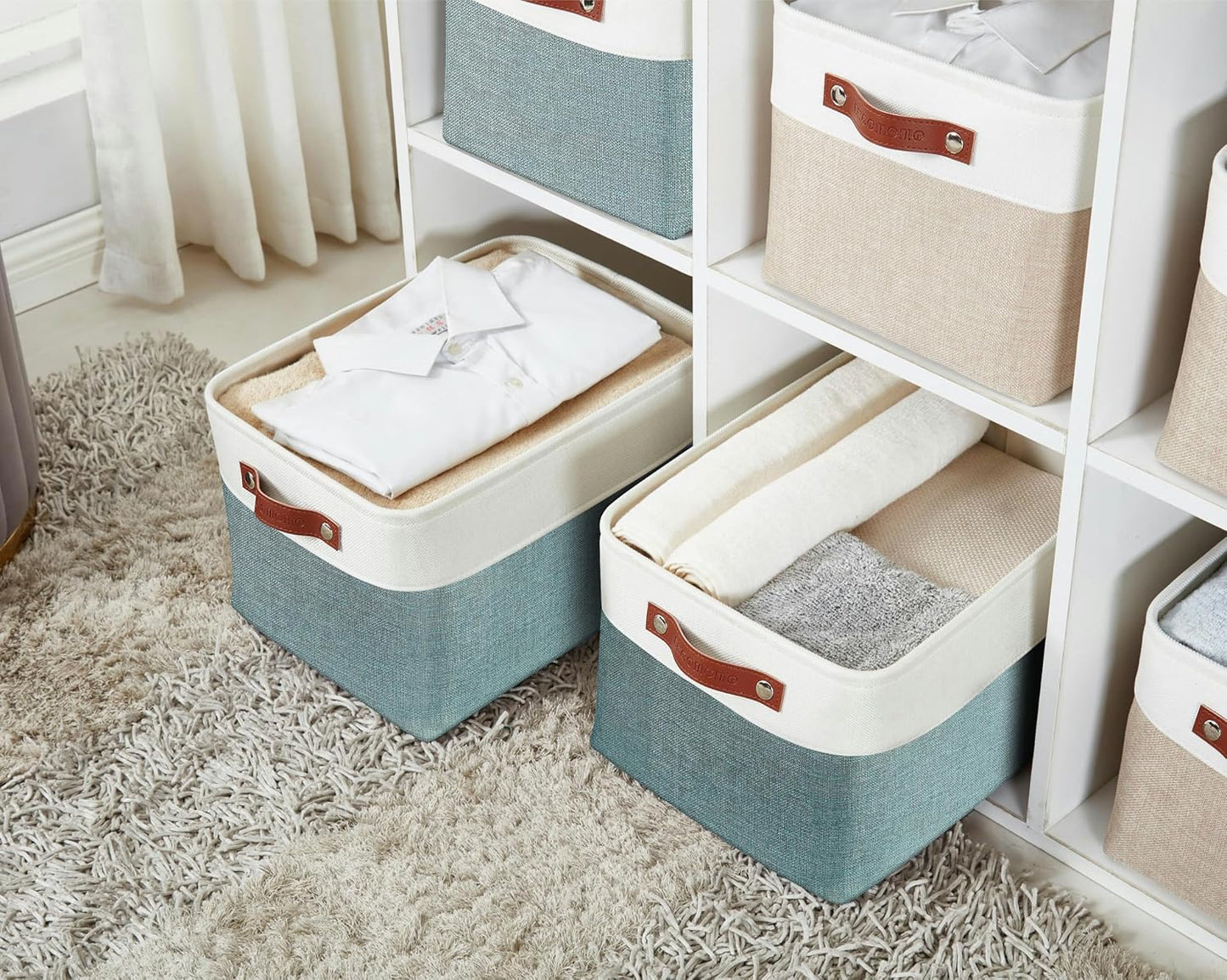 DECOMOMO Storage Bins Fabric Storage Baskets for Shelves, Linen Closet Organization Toys Nursery (Green and White, Large - 3 Pack)