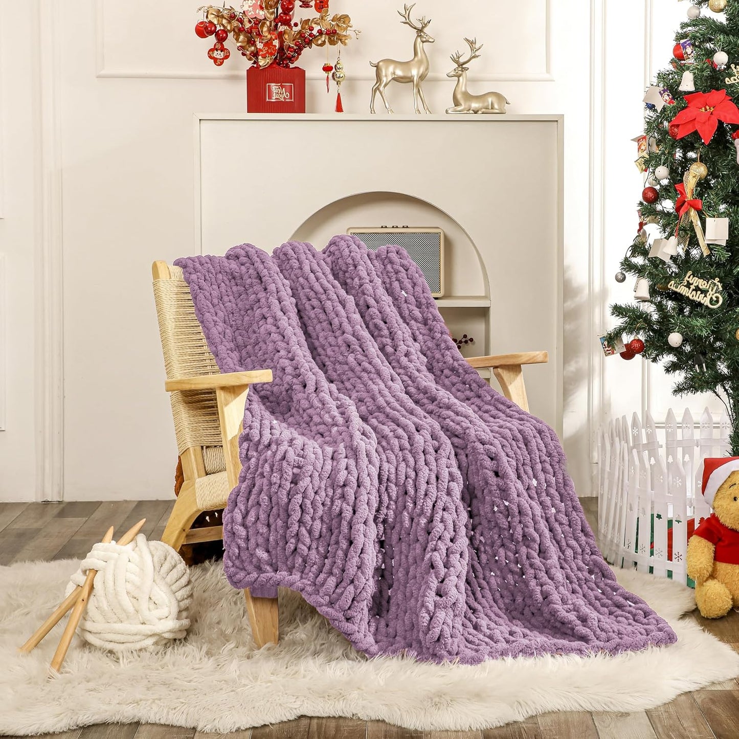 WESHIONGOO Chunky Knit Blanket Throw 50"×60" Knitted Throw Blankets for Couch Bed Fluffy Soft Blanket with Jumbo Chenille Yarn Thick 100% Handmade(Lilac)