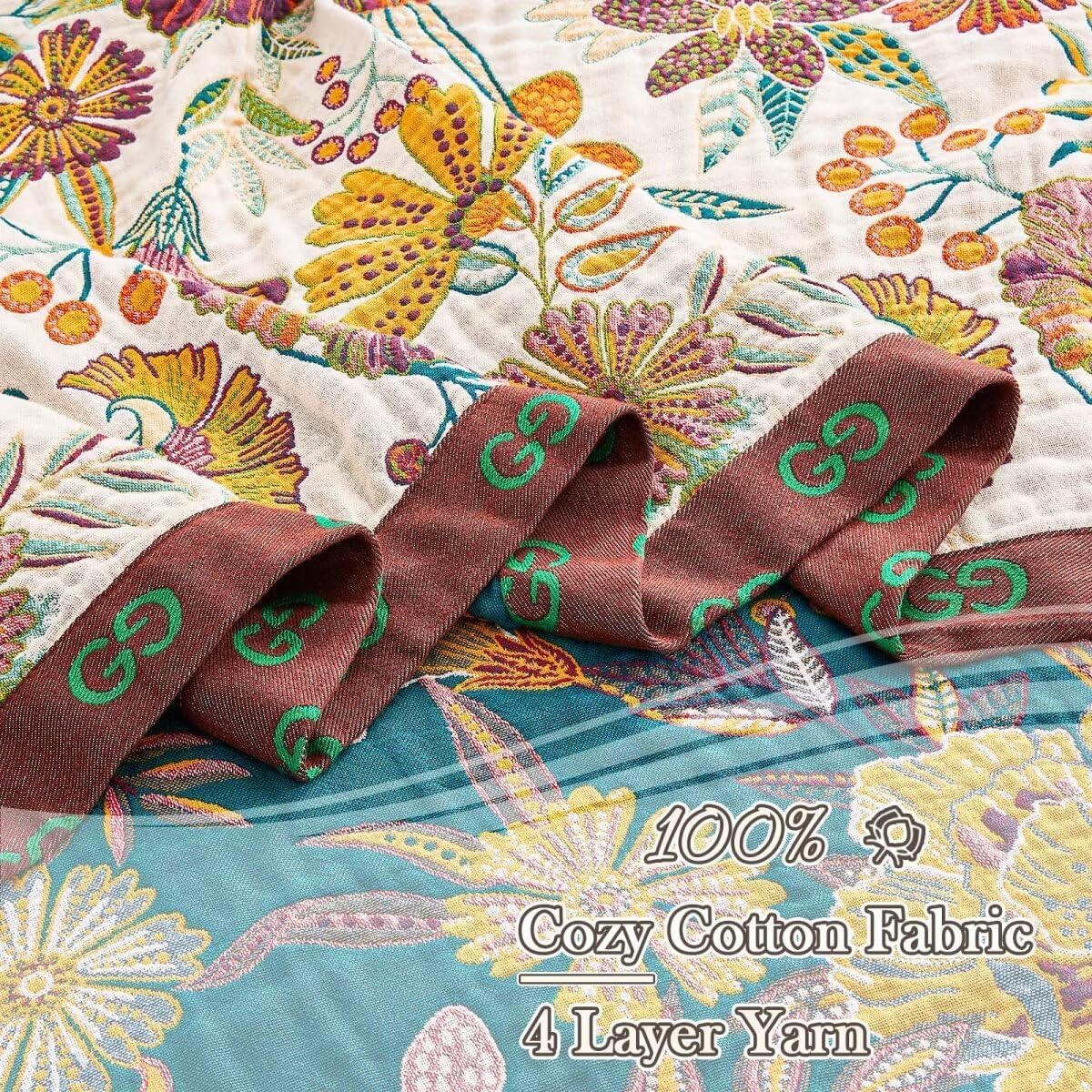 Boho Throw Blanket, 100% Cotton Ultra Soft Luxury Throw Rustic Quilt, 60"x80" Floral Printed Farmhouse Decor Bed Summer Blankets, All Season Rustic Reversible Bohemian Throw for Bed - White