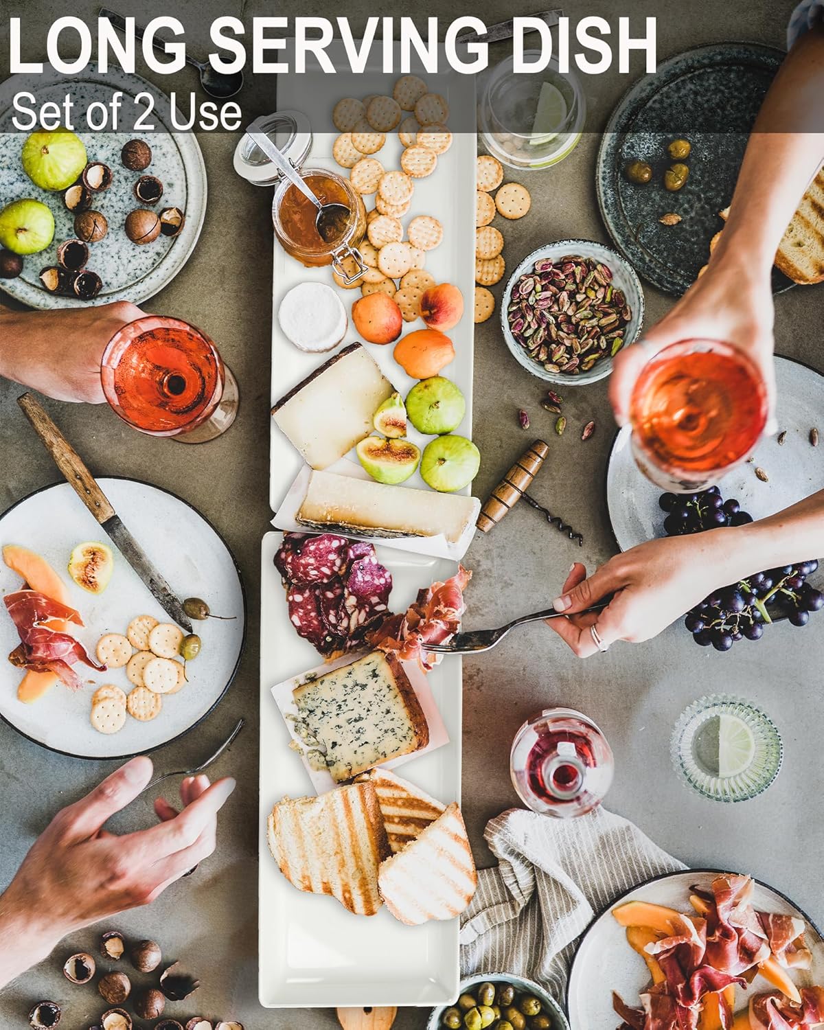 Long Melemine Serving Tray, 17.3x8x1.5 in Serving Platters and Trays for Appetizer, Charcuterie, Bread, Fruit, Dessert, Set of 2, White