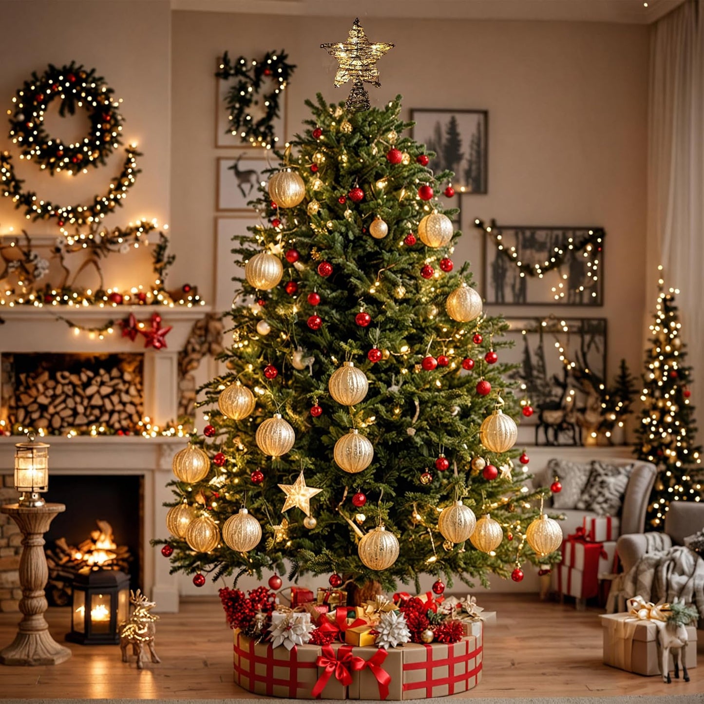 CVHOMEDECO. Rattan Star Christmas Tree Topper with LED Lights, Rustic Farmhouse Style Tree Toppers Ornaments, 8 x 10 Inch