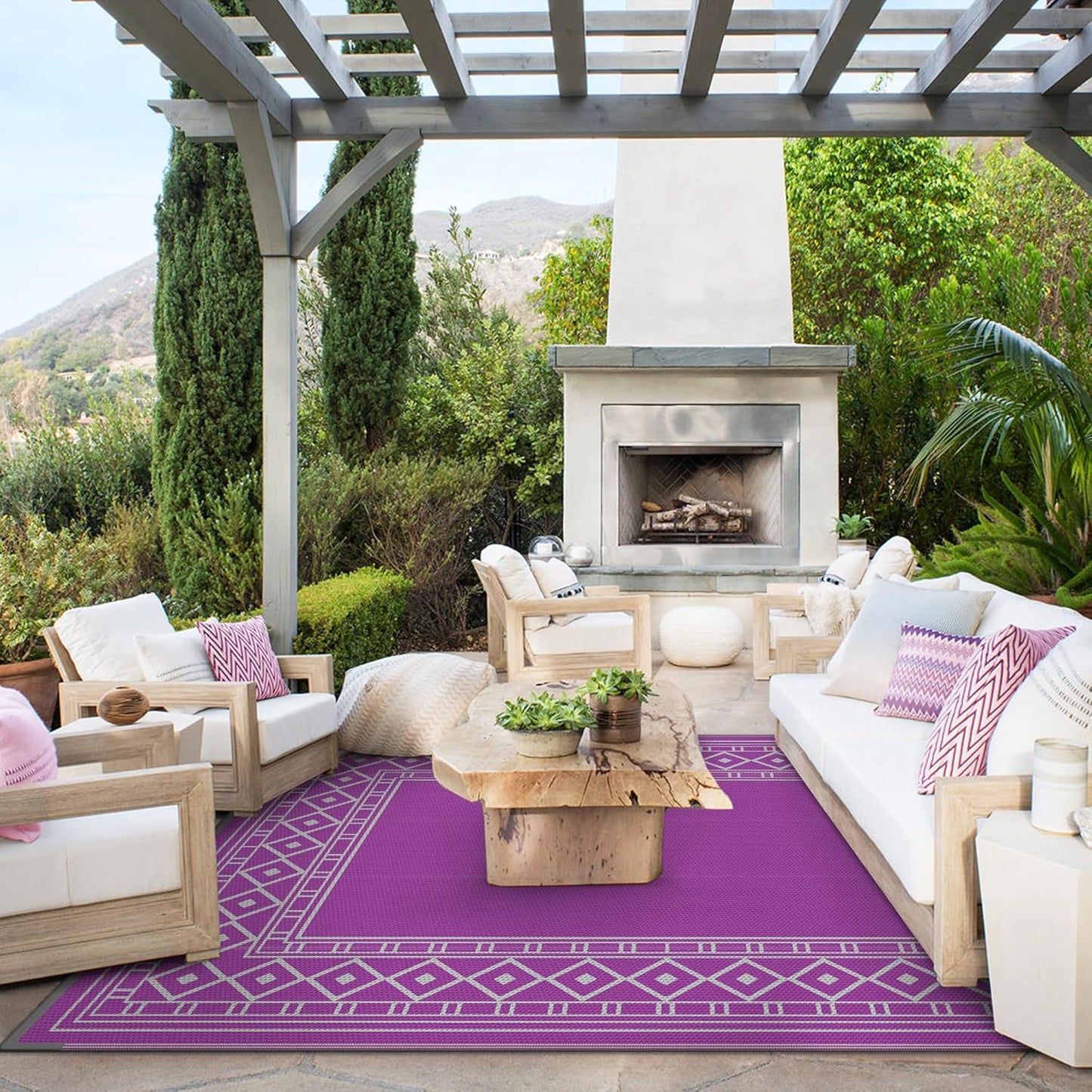 GENIMO Outdoor Rug Waterproof 6'x9' for Patio, Foldable Reversible Plastic Straw Carpet for Travel Trailers, Outside Area Mat for Rv, Deck, Picnic, Porch, Camper, Balcony, Beach, Purple & Grey