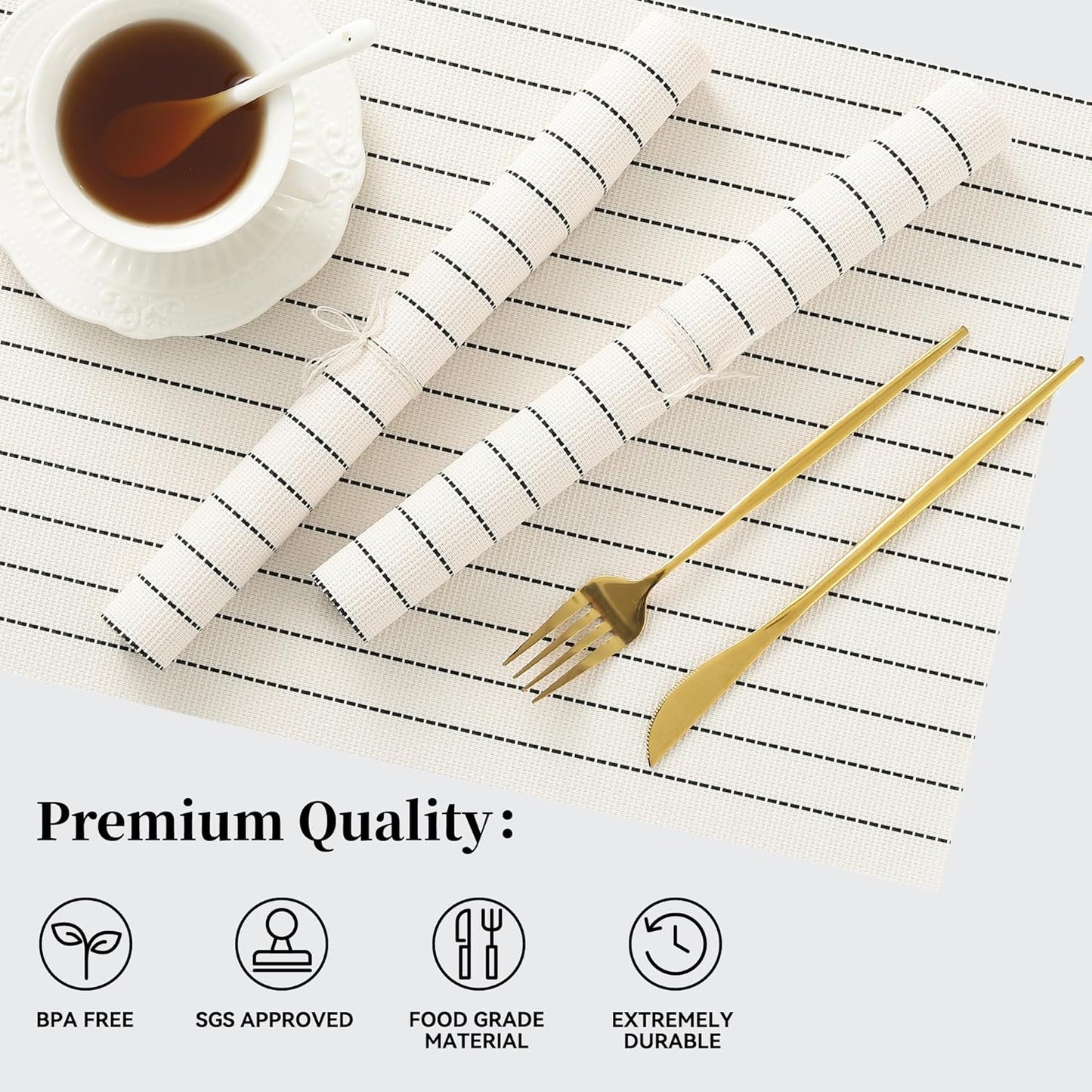 Leetaltree White with Black Stripes Placemats Set of 4 - Heat Resistant Non-Slip Place mats for Dining Table, Washable Durable PVC Vinyl Woven Table Mats（White Stripes, 4）