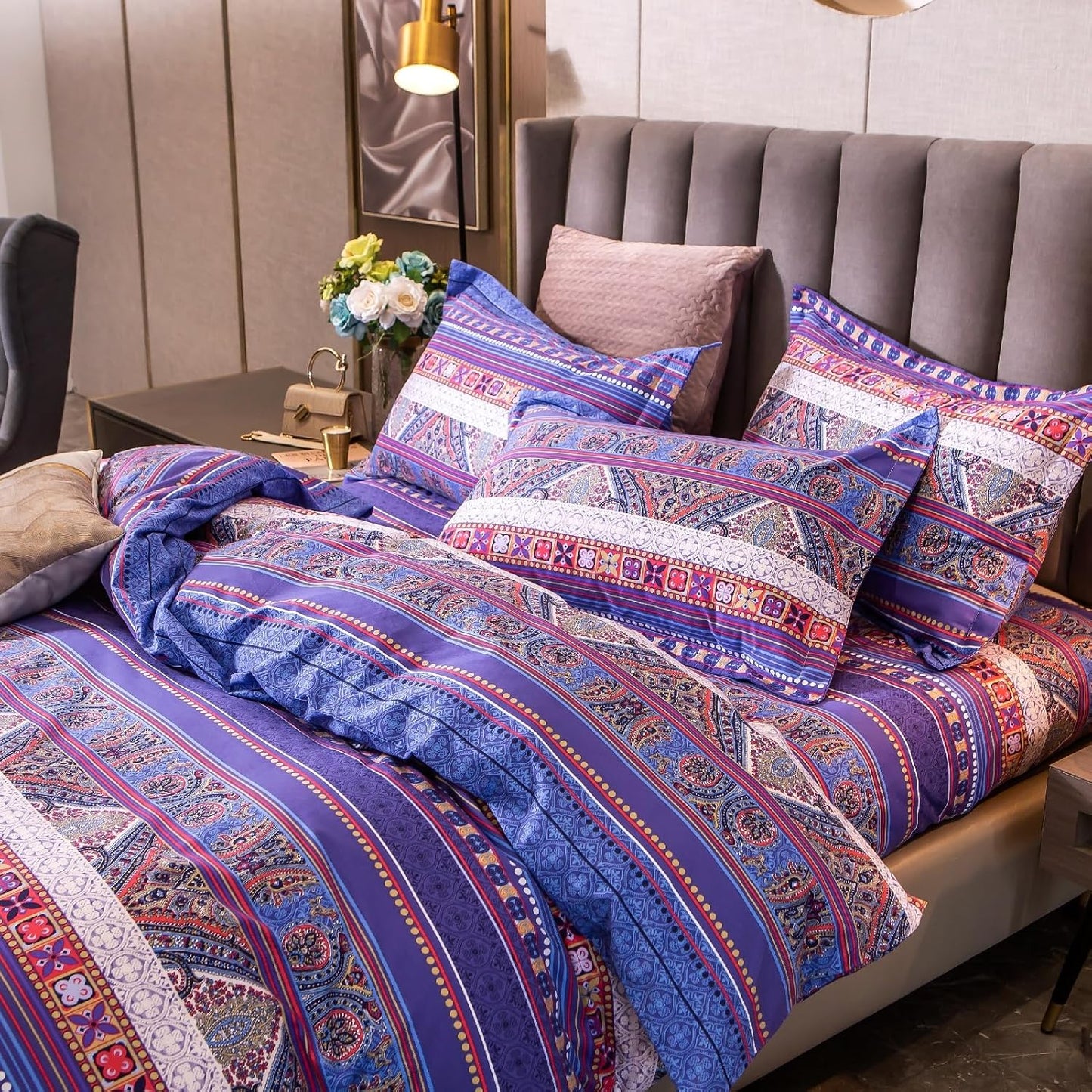 ABREEZE Bohemian Vintage Queen Size Floral Cotton Bedding Set 3Pcs Duvet Cover Set Boho Purple Paisley 100% Egyptian Brushed Cotton Reversible Home Bedding Collection