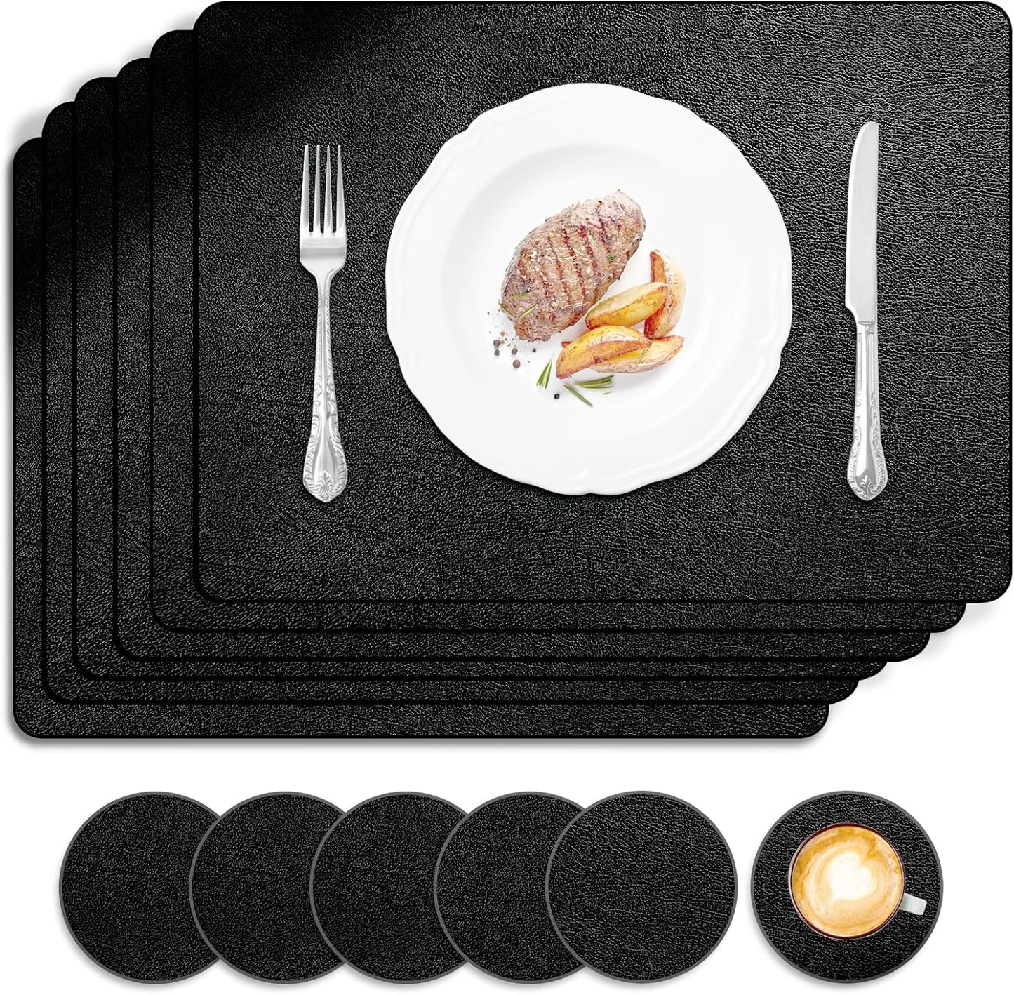 Faux Leather Placemats and Coasters Set of 6, Waterproof, Oil-Proof Wipeable, PVC Leather Place Mats, Anti Slip Heat Resistant Reversible Table Mats for Kitchen, Dining, Outdoor 17’’×12’’, (Black)