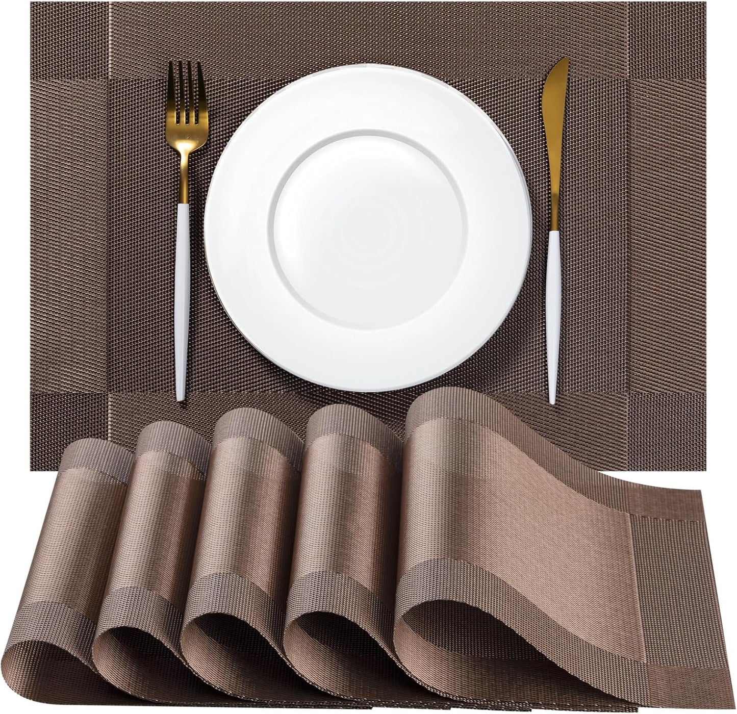 Placemats Set of 4 - Easy Clean Woven Vinyl Placemats for Dining Table, Indoor/Outdoor Place Mats, Washable PVC Table Mats（Brown Cube）