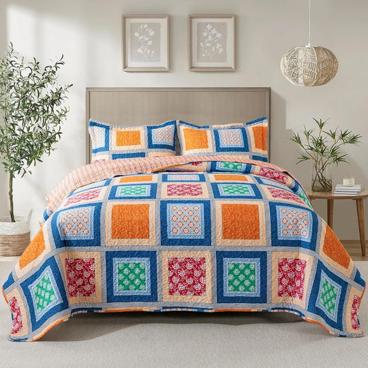 NEWLAKE Quilt Bedspread Sets - Bohemian Farmhouse Pattern Reversible Coverlet Set, King Size