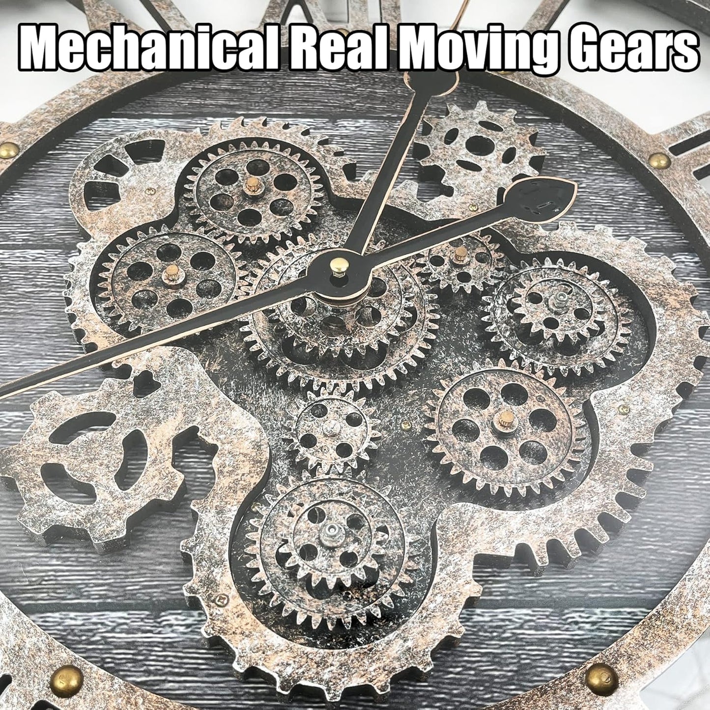 DORBOKER 24" Large Wall Clock with Moving Gears,Oversize Vintage Industrial Rustic Farmhouse Clocks for Living Room Decor Office Home,Solid Wood HD Tempered Glass Cover,Carbon Grey