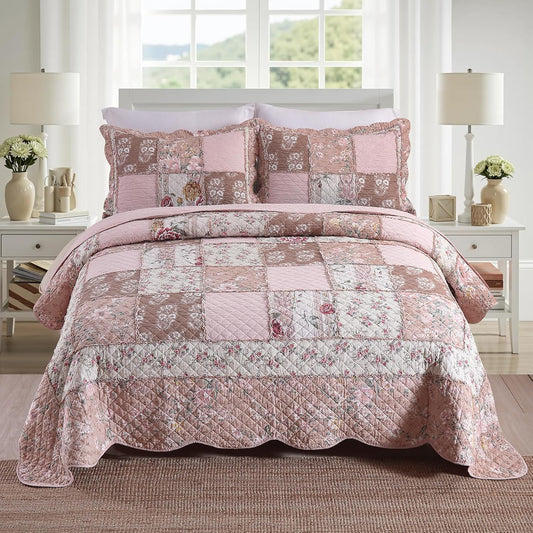 NEWLAKE Quilt Set Queen Size, Cotton Patchwork Pink Floral Quilt Sets, Real Stitched Embroidery Bedspread Lightweight and Breathable for All Seasons, Soft Quilted with 2 Pillow Shams