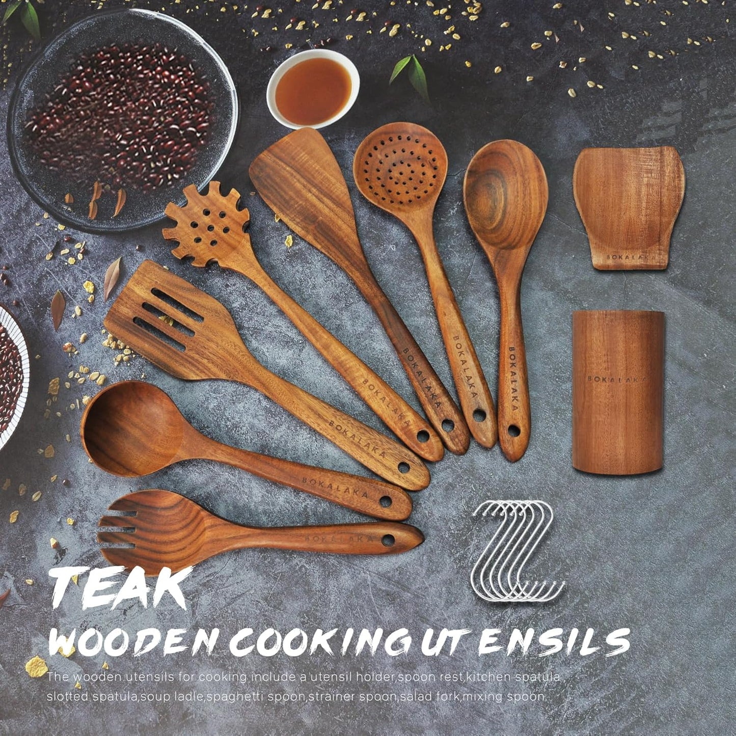 Teak Wooden Spoons for Cooking - 9 Pcs Comfort Grip Kitchen Utensil Set with Holder & Rest