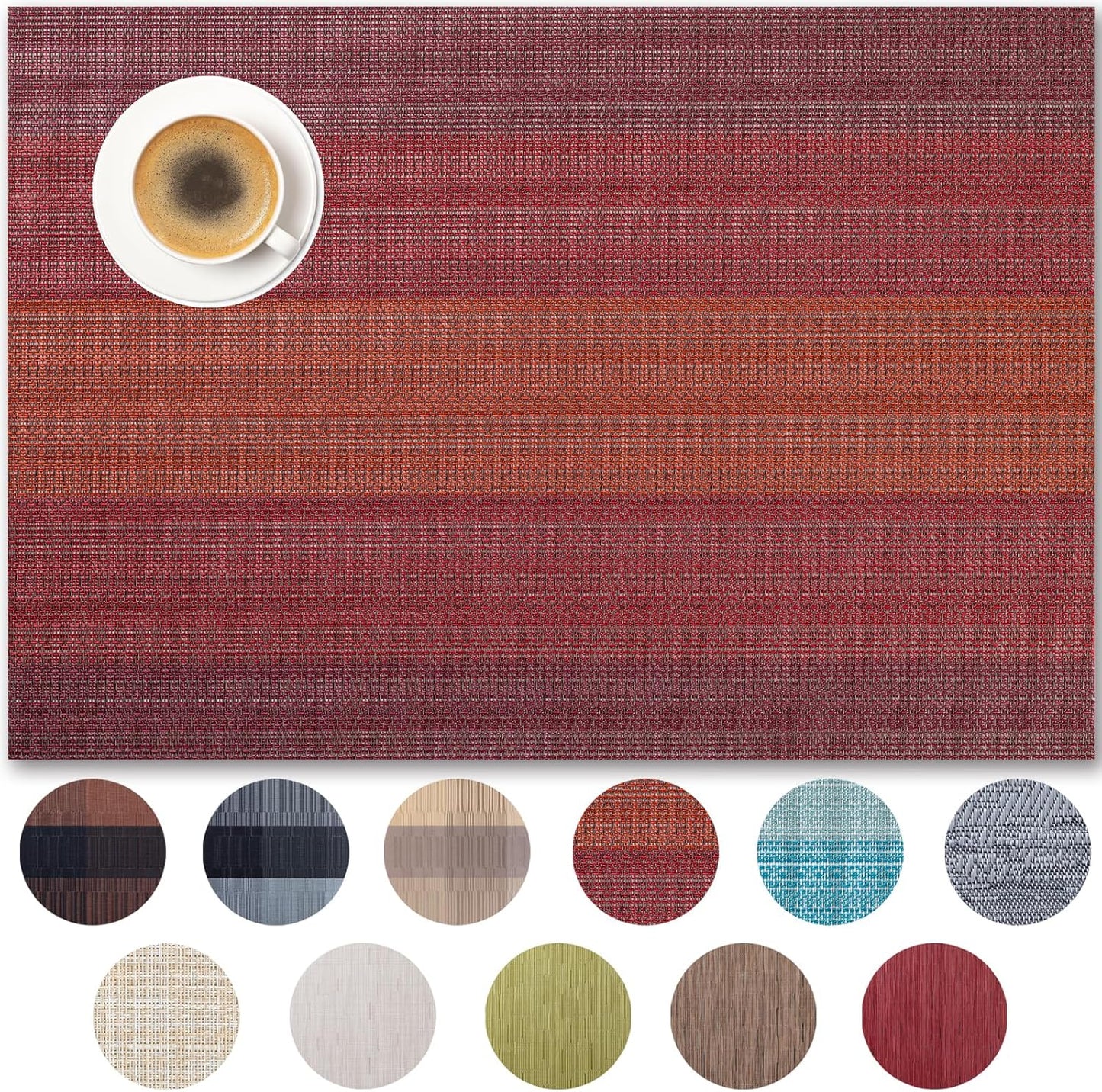 Placemats Set of 8 - Easy Clean Woven Vinyl Placemats for Dining Table, Indoor/Outdoor Place Mats, Washable PVC Table Mats（Pomegranate Parade）
