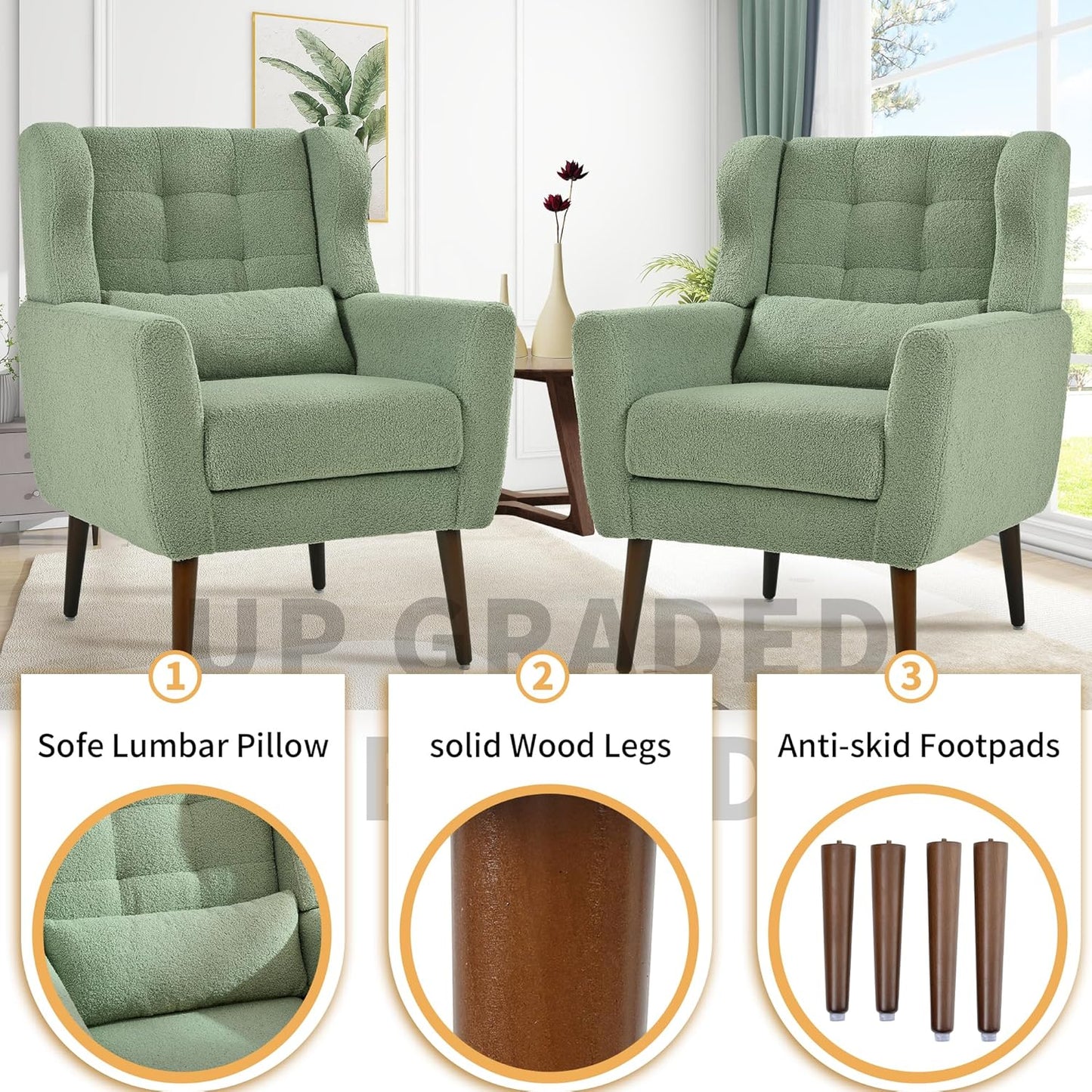 Modern Accent Chair, Upholstered Armchair with Pillow, Teddy Single Sofa Chair with Lounge Seat and Wood Legs Accent Chair for Living Room Bedroom Small Spaces